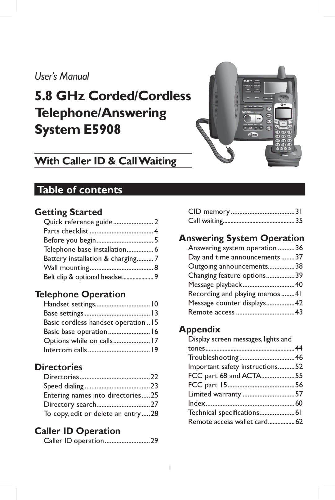 AT&T user manual GHz Corded/Cordless Telephone/Answering System E5908, Table of contents 