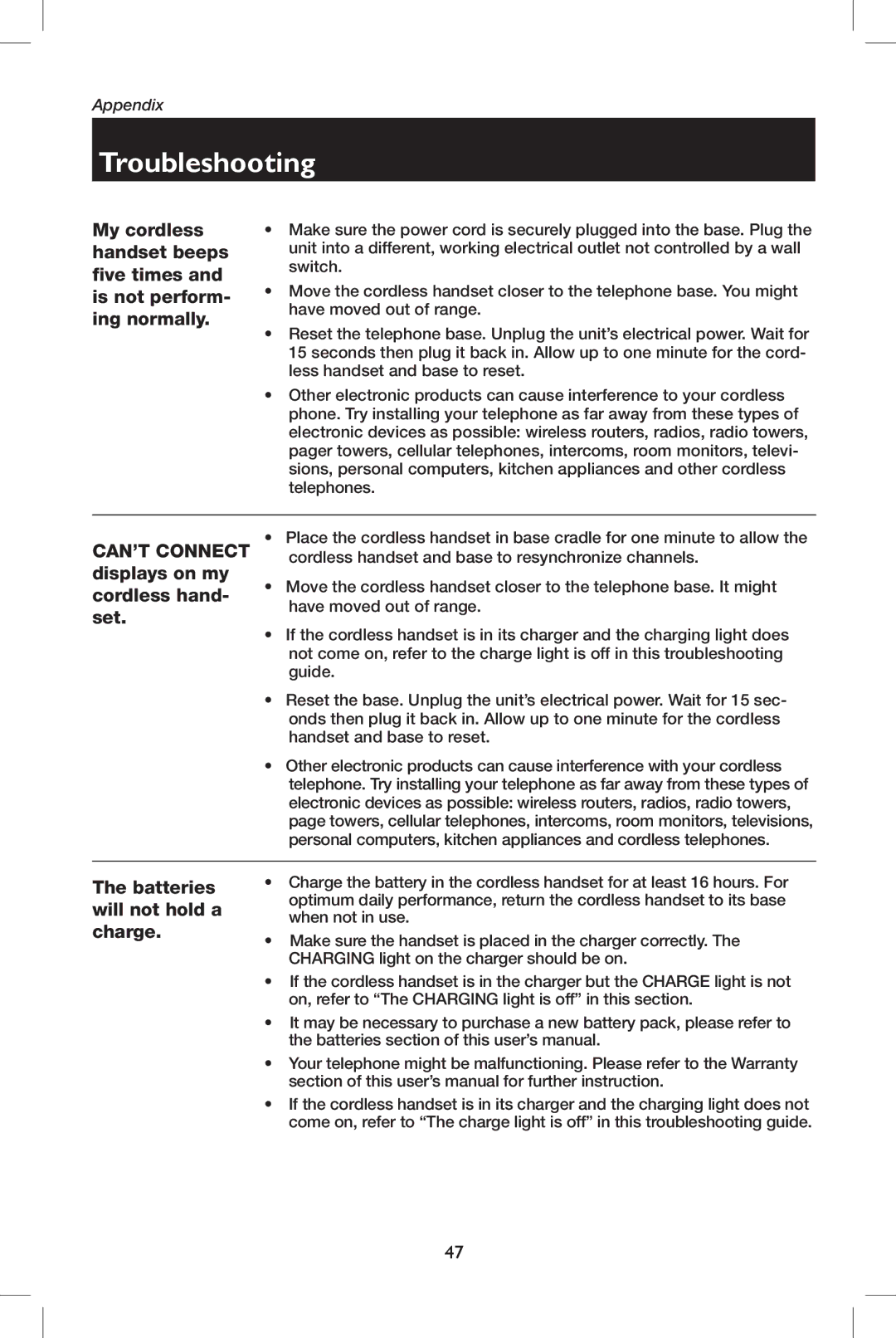 AT&T E5908 user manual CAN’T Connect displays on my cordless hand- set 