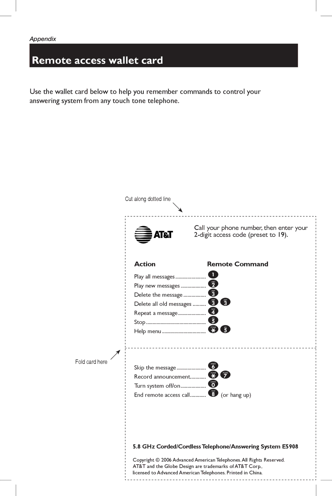 AT&T E5908 user manual Remote access wallet card, Cut along dotted line, Fold card here 