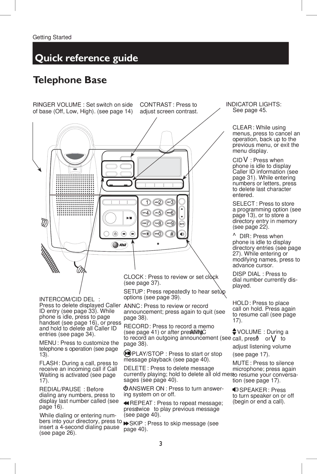 AT&T E5908 user manual Ringer Volume Set switch on side, Base Off, Low, High. see, Skip Press to skip message see 