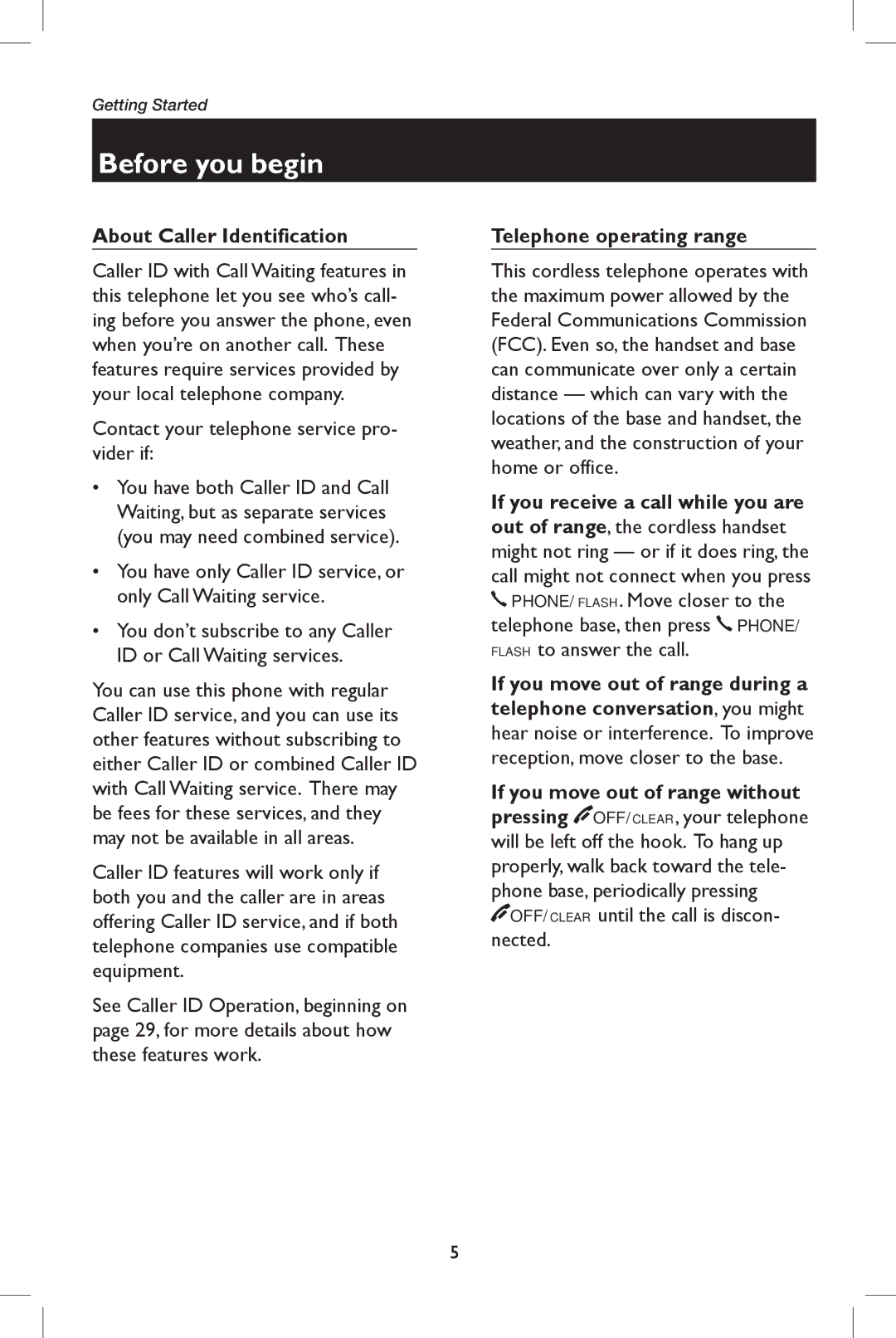 AT&T E5908 user manual Before you begin, About Caller Identification, Telephone operating range 