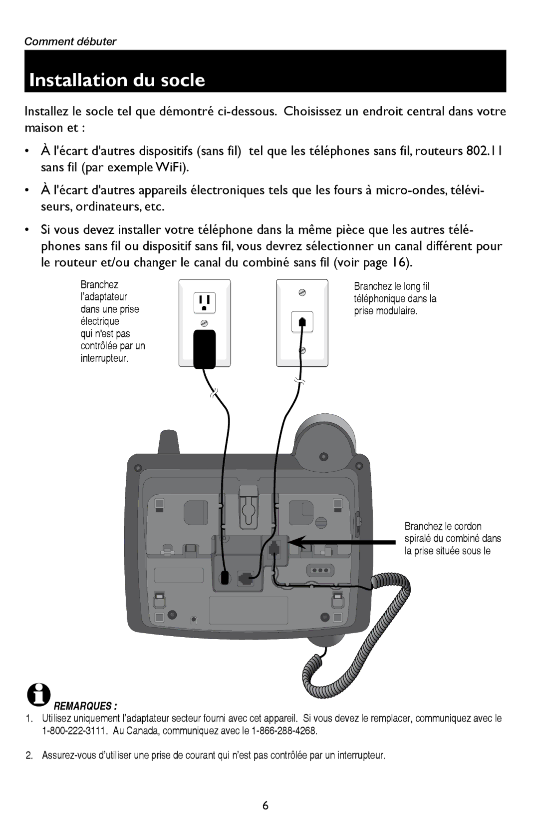 AT&T E5909 manual Installation du socle, Remarques 