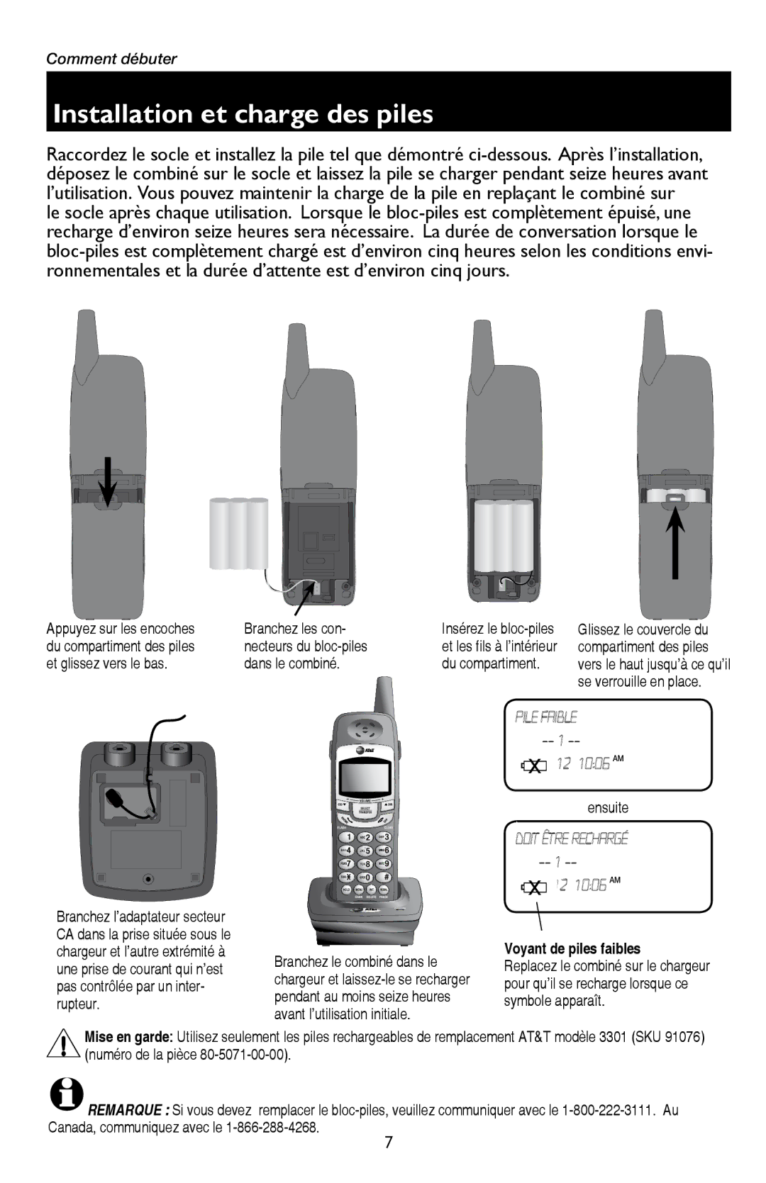 AT&T E5909 manual Installation et charge des piles, Du compartiment, Ensuite 