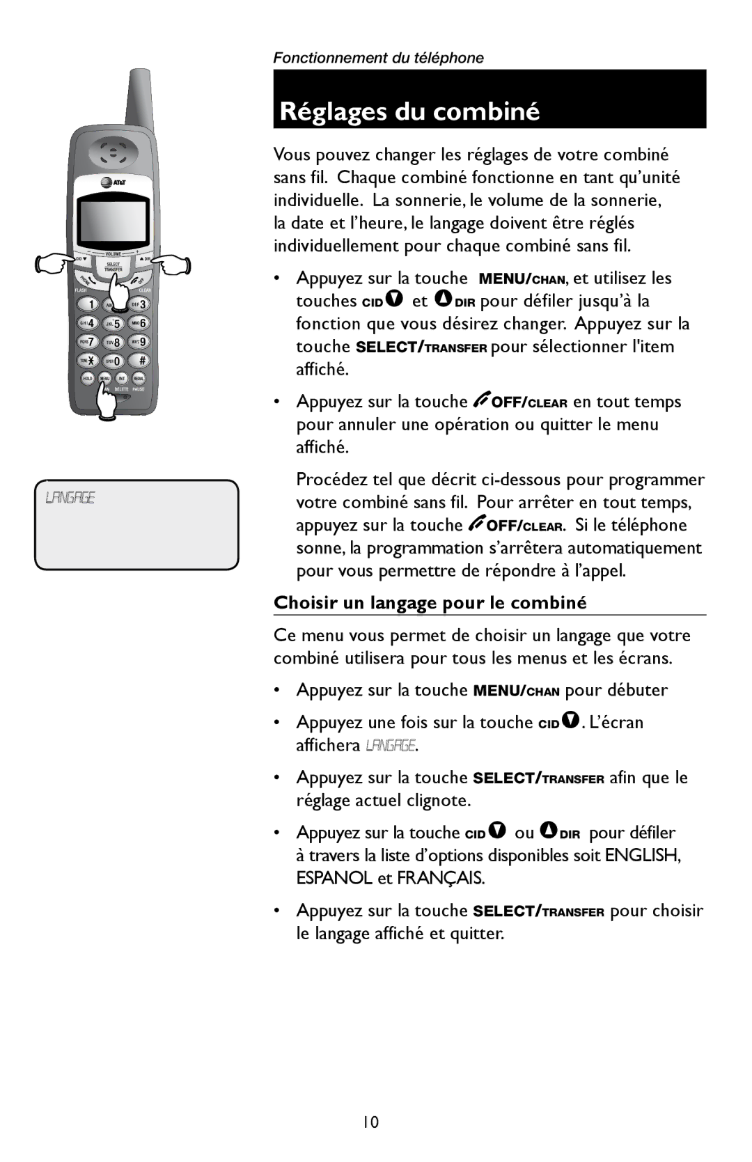 AT&T E5909 manual Réglages du combiné, Choisir un langage pour le combiné 