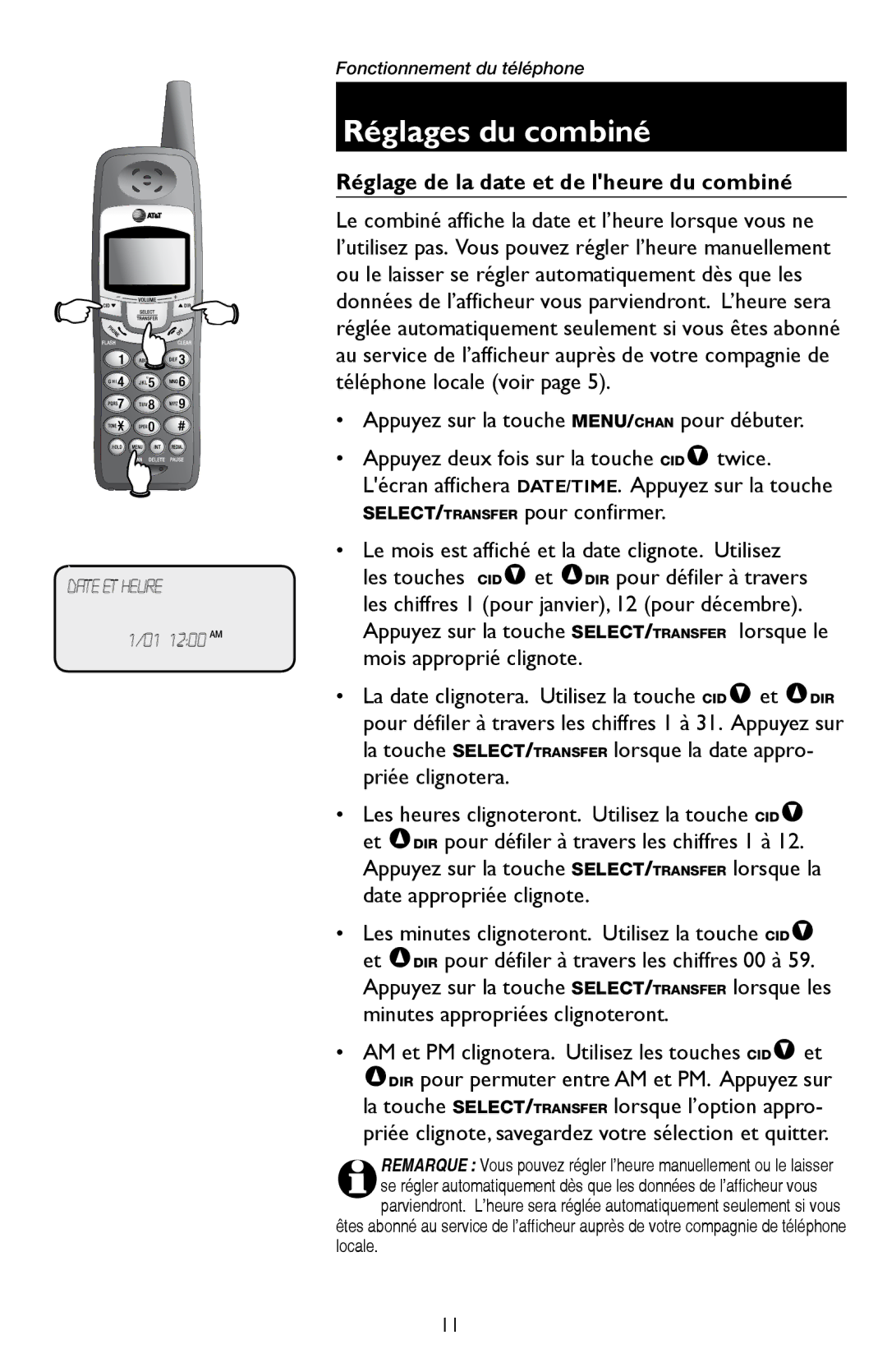 AT&T E5909 manual Réglage de la date et de lheure du combiné 