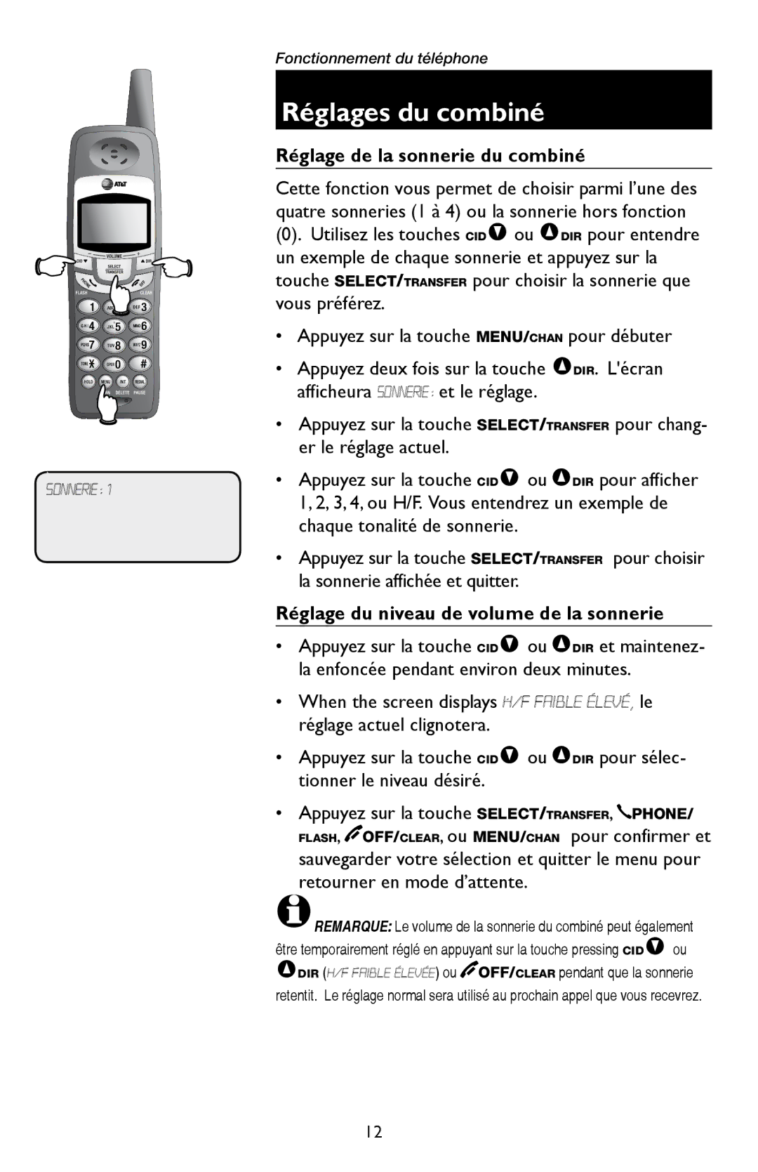 AT&T E5909 manual Réglage de la sonnerie du combiné, Réglage du niveau de volume de la sonnerie 