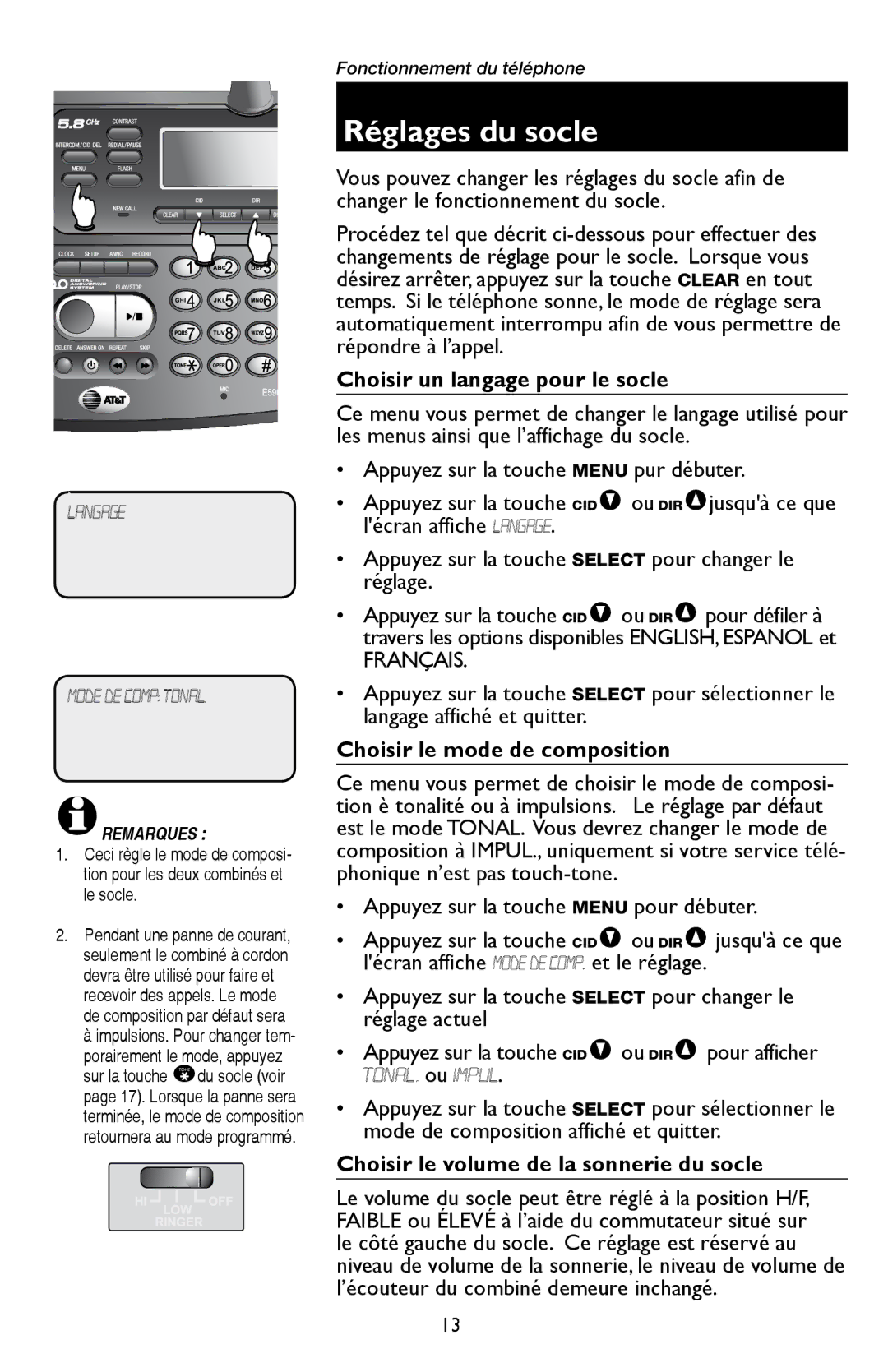 AT&T E5909 manual Réglages du socle, Choisir un langage pour le socle, Choisir le mode de composition 