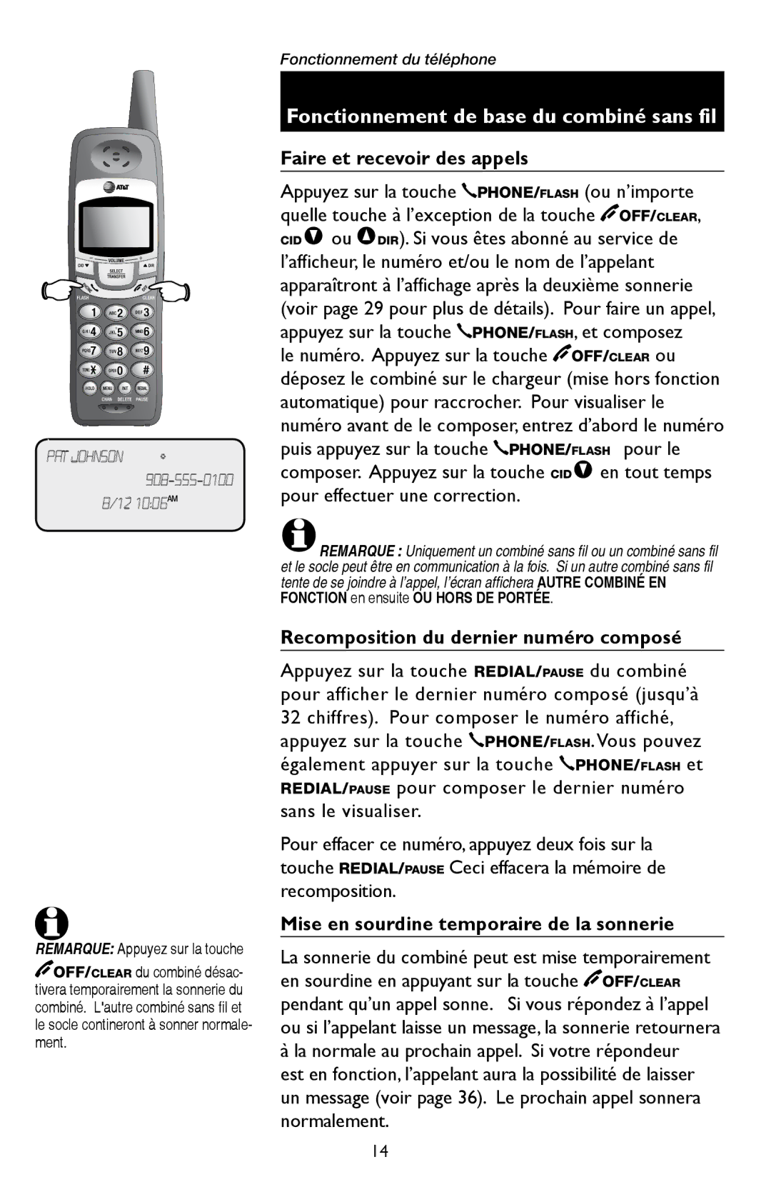 AT&T E5909 manual Faire et recevoir des appels, Recomposition du dernier numéro composé 