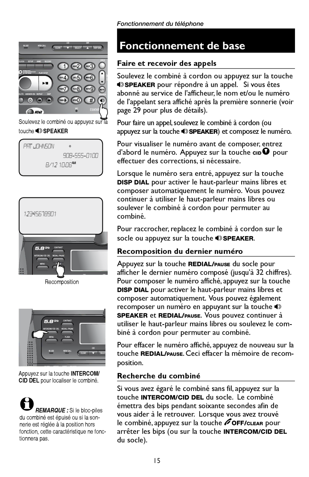 AT&T E5909 manual Fonctionnement de base, Recomposition du dernier numéro, Recherche du combiné 