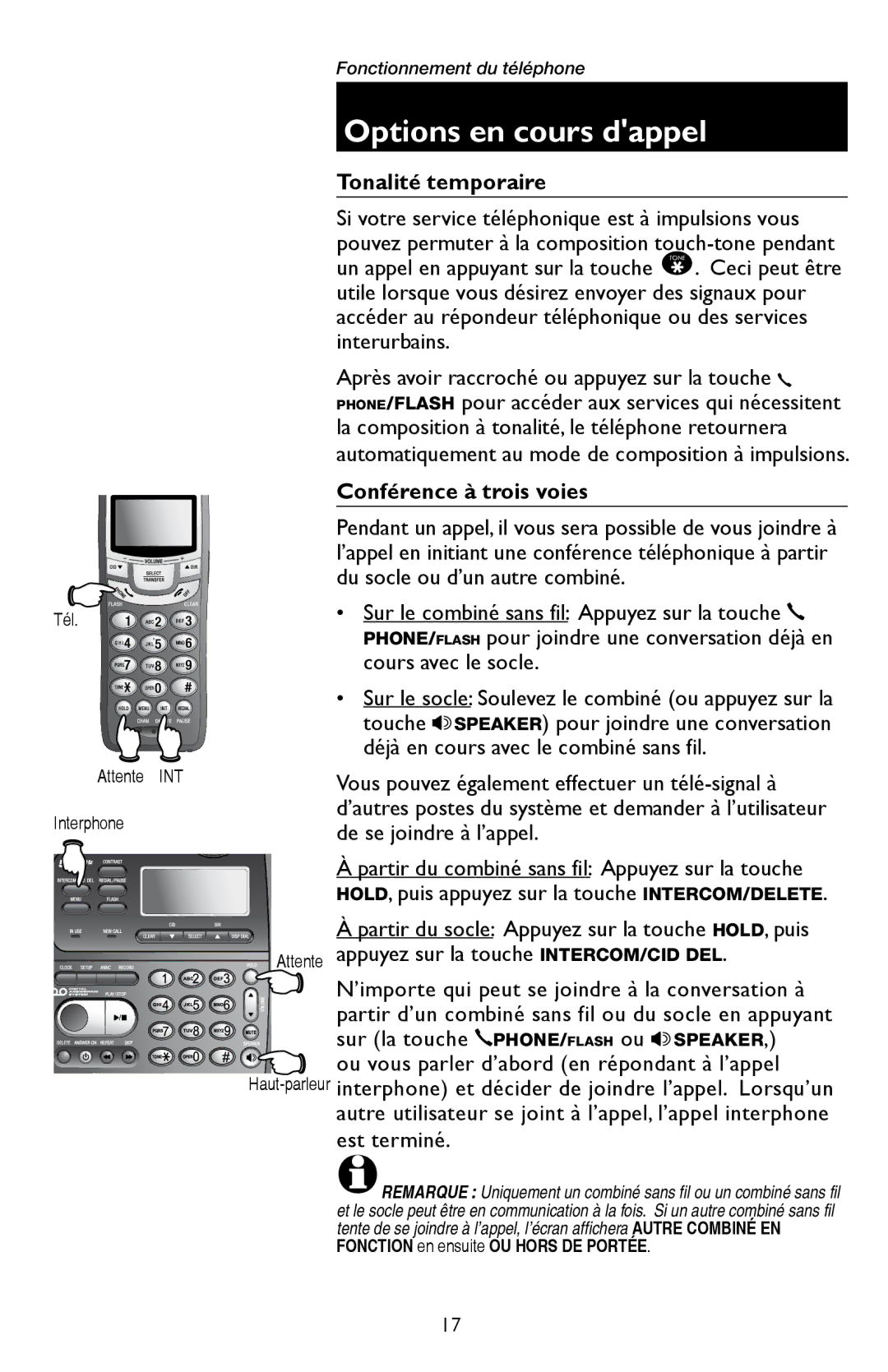 AT&T E5909 manual Tonalité temporaire, Conférence à trois voies, Tél Attente INT Interphone 