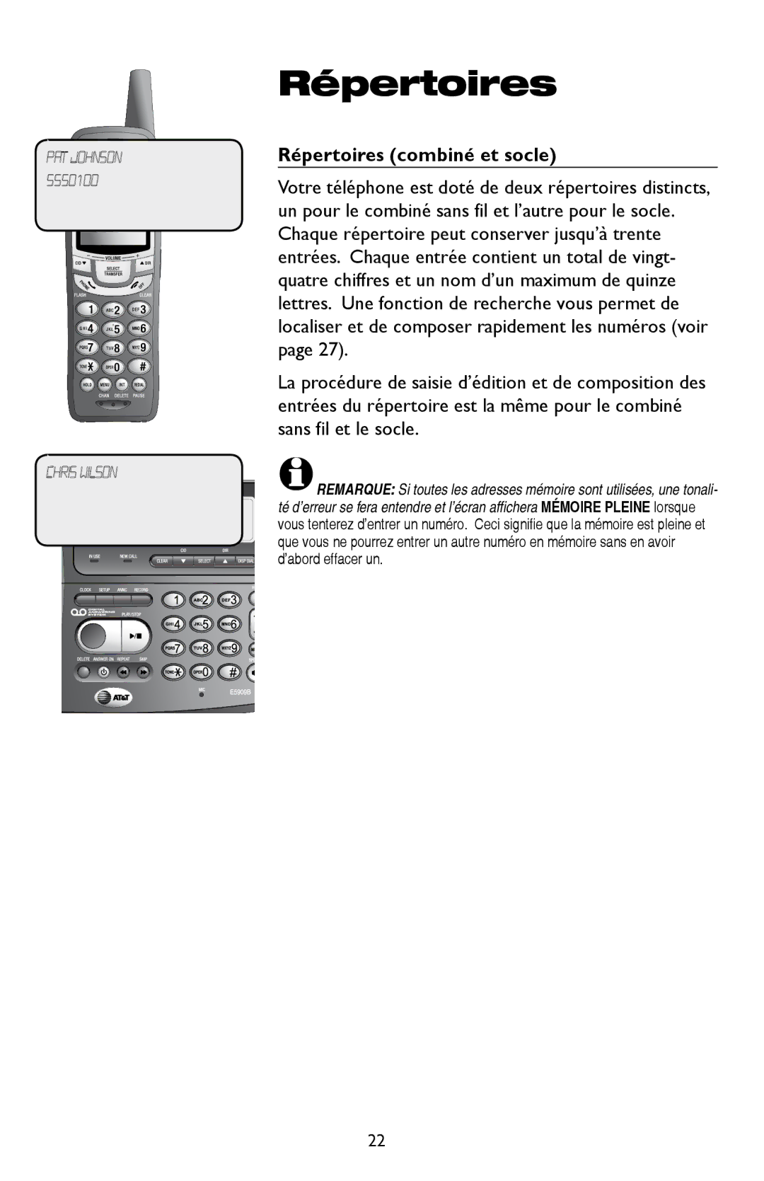 AT&T E5909 manual Répertoires combiné et socle 