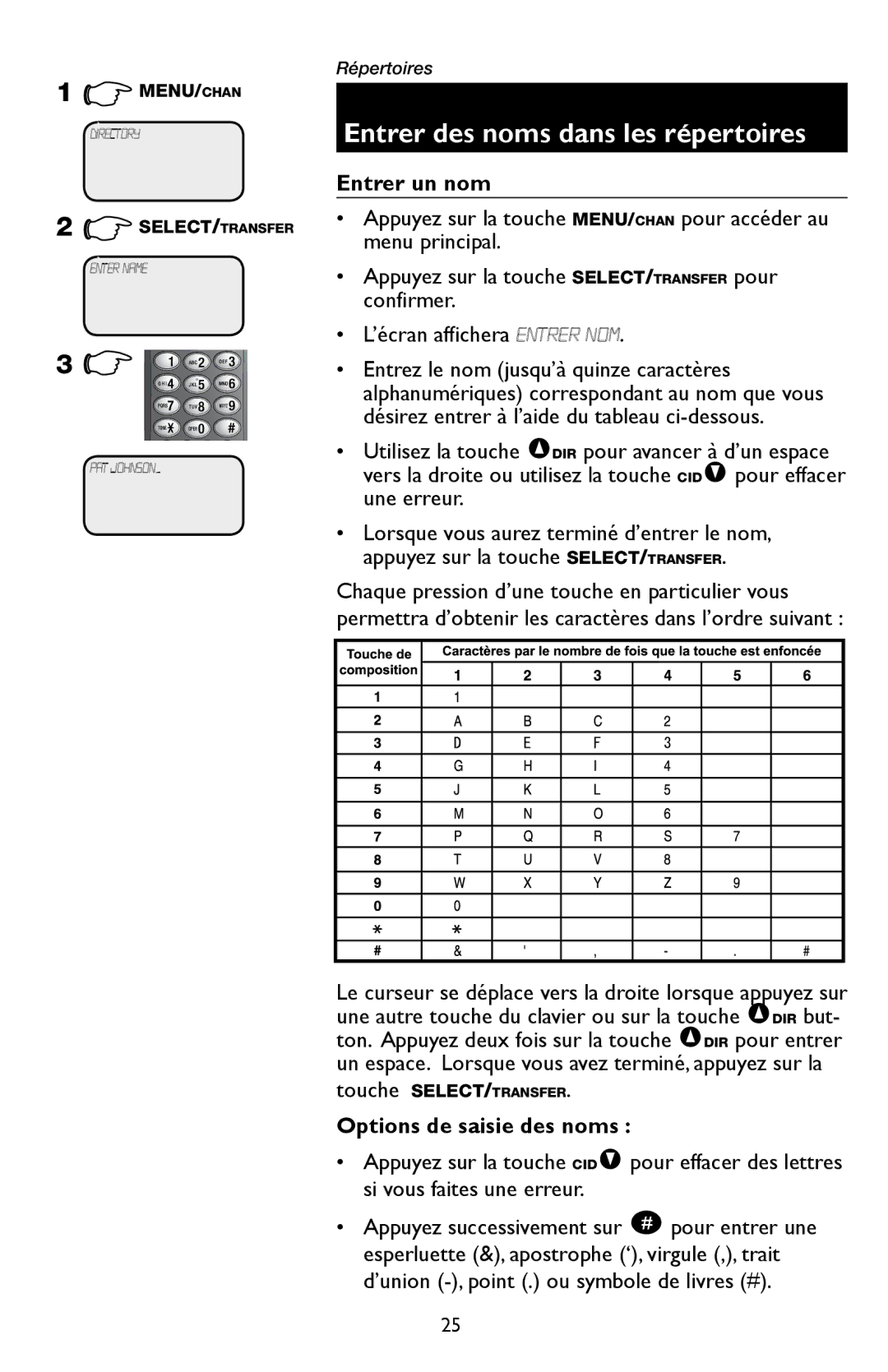 AT&T E5909 manual Entrer un nom, Options de saisie des noms 