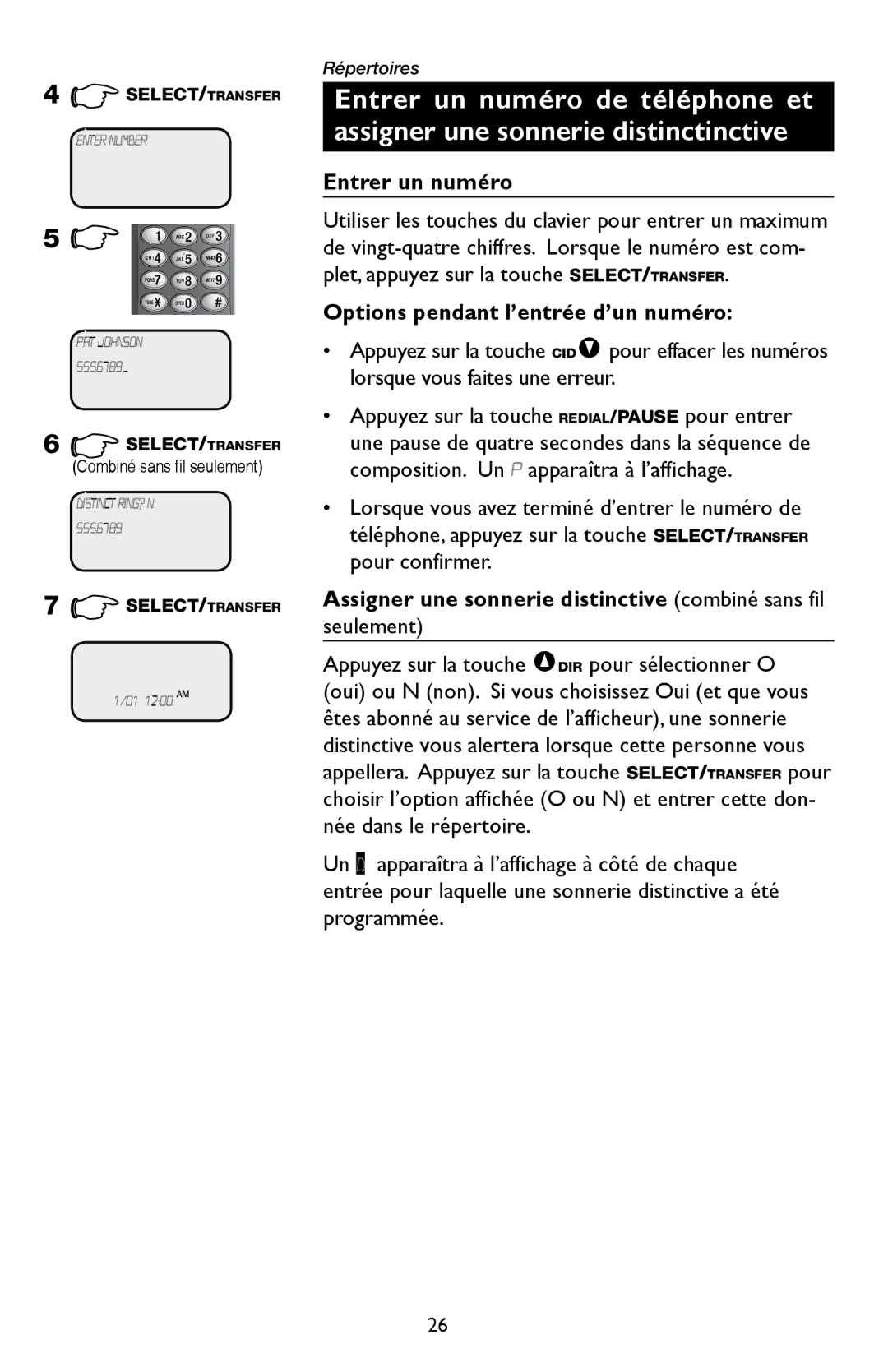 AT&T E5909 Entrer un numéro, Options pendant l’entrée d’un numéro, Assigner une sonnerie distinctive combiné sans fil 