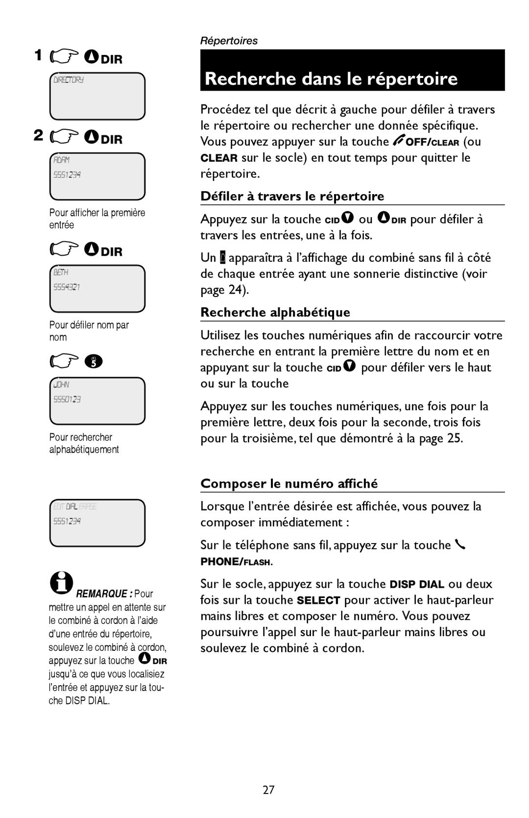 AT&T E5909 manual Recherche dans le répertoire, Défiler à travers le répertoire, Recherche alphabétique 