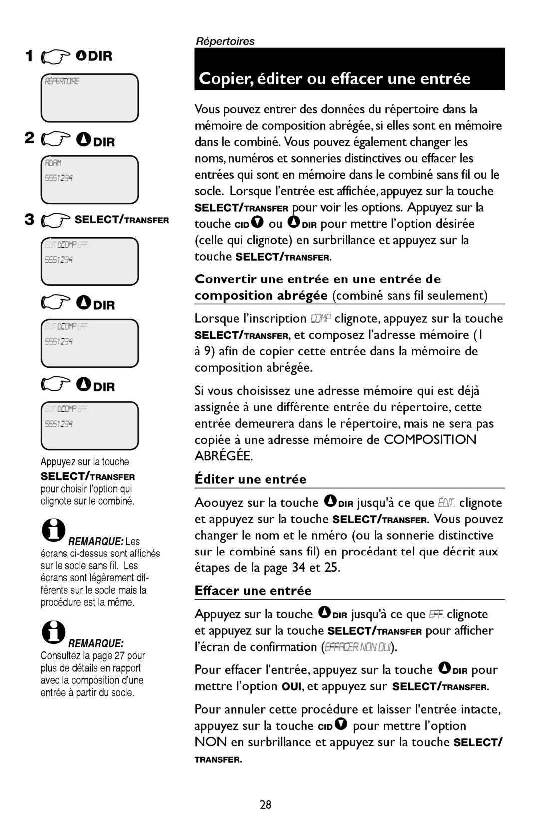 AT&T E5909 manual Éditer une entrée, Effacer une entrée, Appuyez sur la touche 