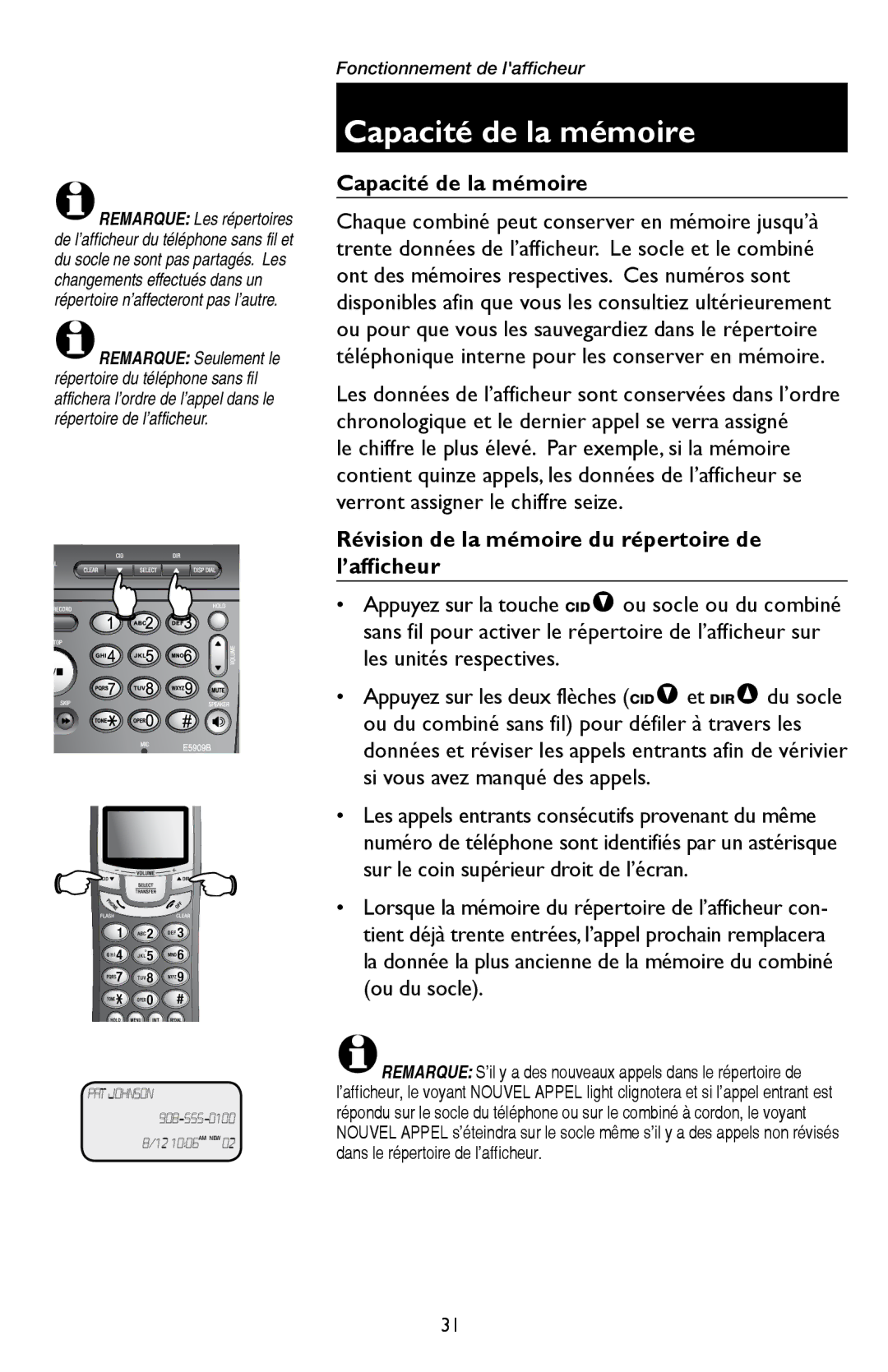 AT&T E5909 manual Capacité de la mémoire, Révision de la mémoire du répertoire de l’afficheur 