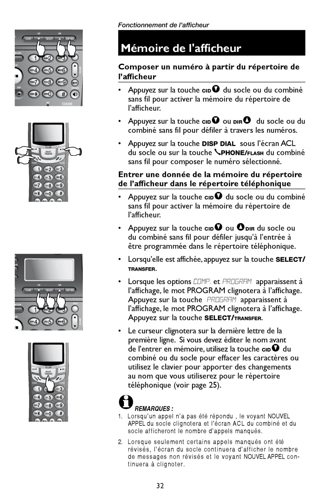 AT&T E5909 manual Mémoire de lafficheur, Composer un numéro à partir du répertoire de l’afficheur 