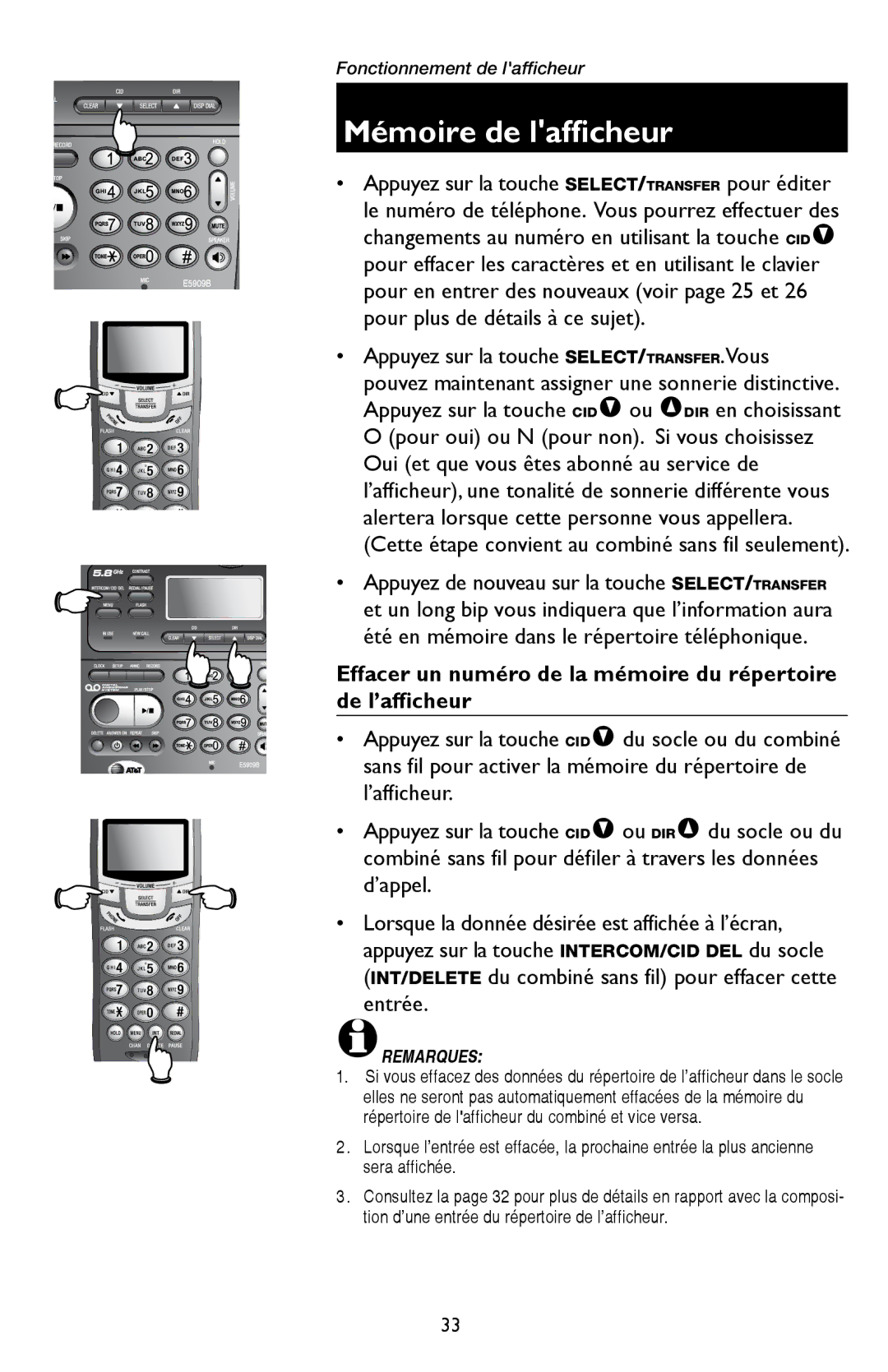 AT&T E5909 manual Effacer un numéro de la mémoire du répertoire de l’afficheur 