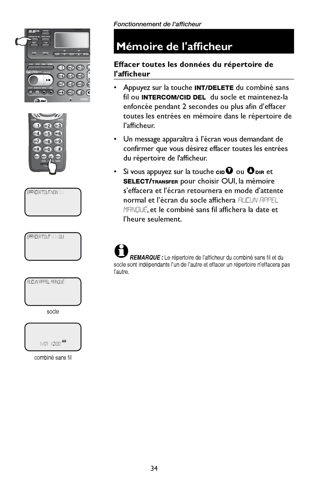 AT&T E5909 manual Effacer toutes les données du répertoire de lafficheur, Combiné sans fil 