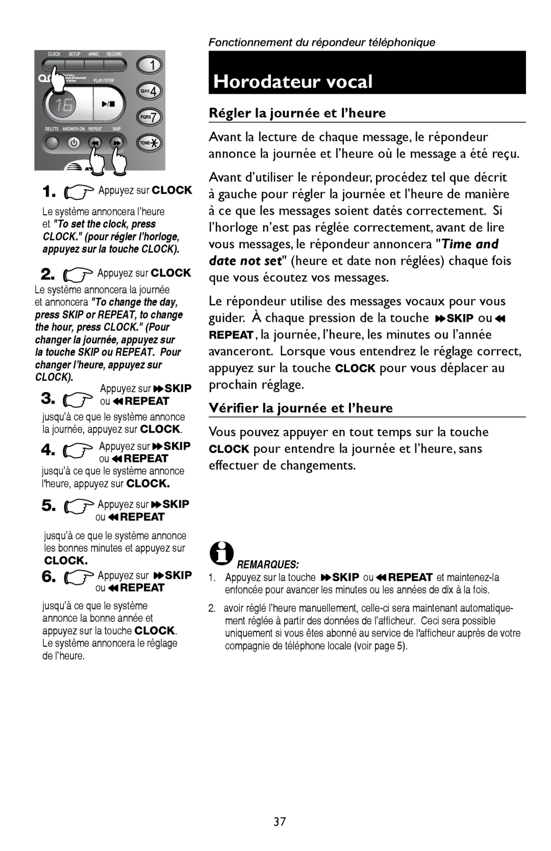 AT&T E5909 manual Horodateur vocal, Régler la journée et l’heure, Vérifier la journée et l’heure, Appuyez sur Clock 