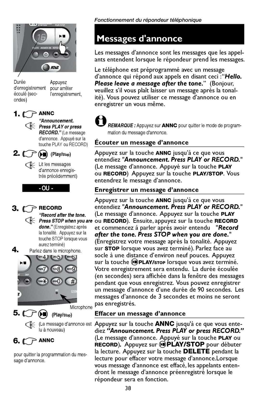 AT&T E5909 manual Écouter un message d’annonce, Enregistrer un message d’annonce, Effacer un message d’annonce 