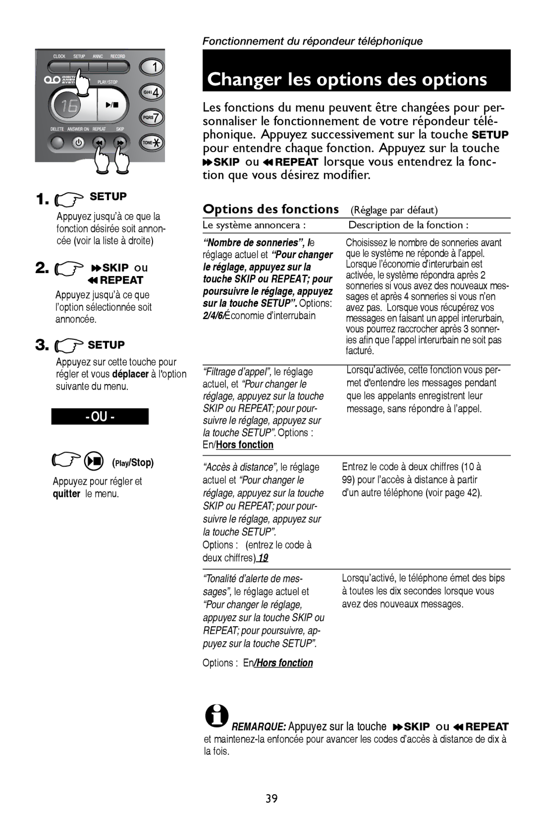 AT&T E5909 manual Changer les options des options, Options des fonctions 