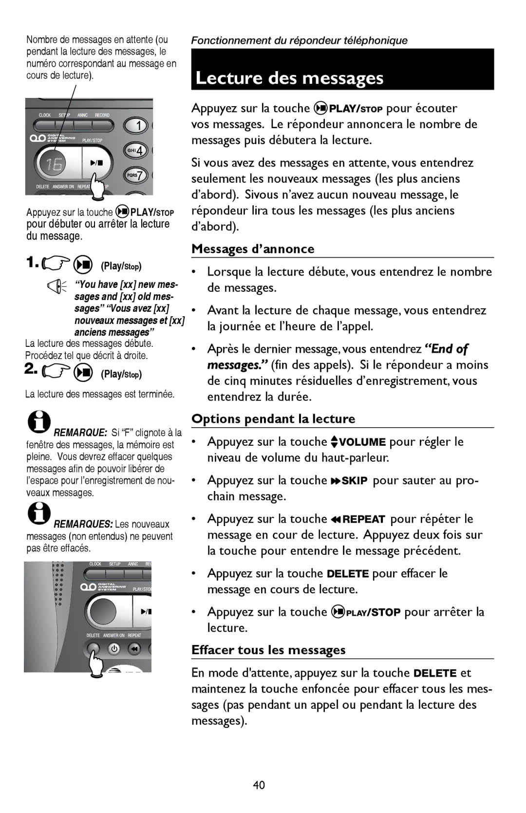 AT&T E5909 manual Lecture des messages, Messages d’annonce, Options pendant la lecture, Effacer tous les messages 