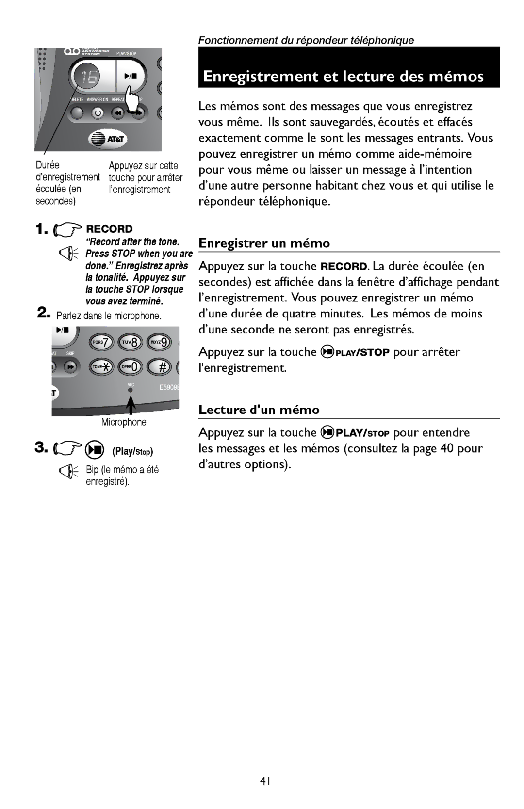 AT&T E5909 manual Enregistrer un mémo, Lecture dun mémo 