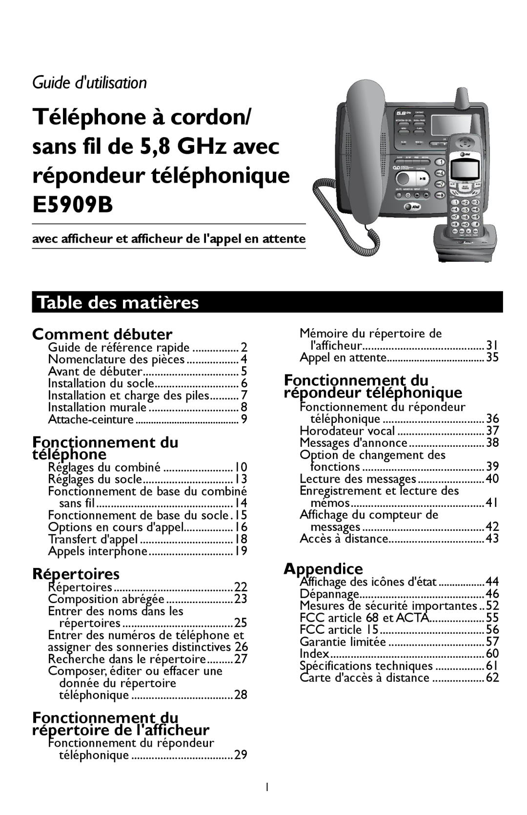 AT&T E5909 manual Table des matières, Avec afficheur et afficheur de lappel en attente 