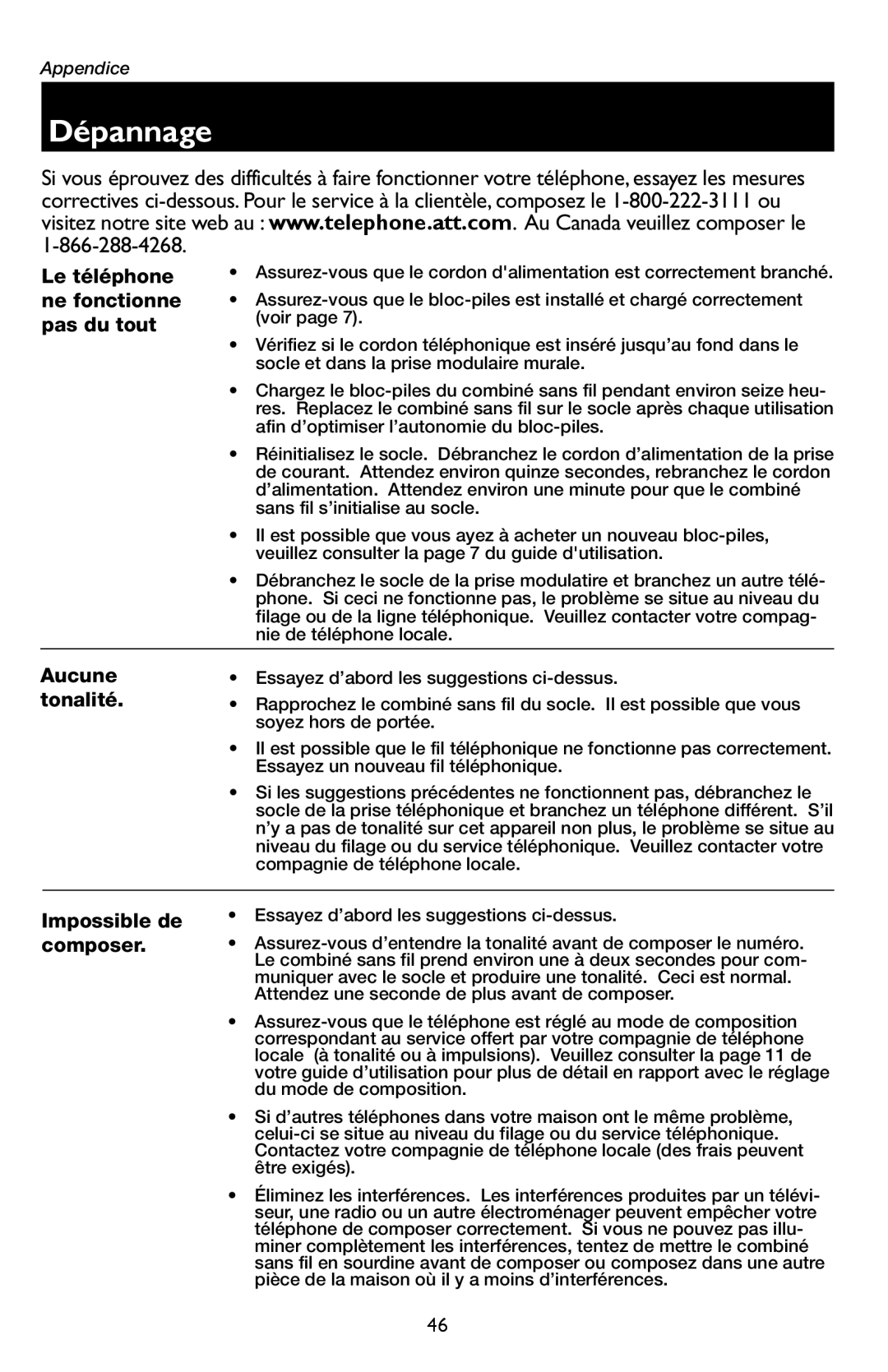 AT&T E5909 manual Dépannage, Pas du tout 