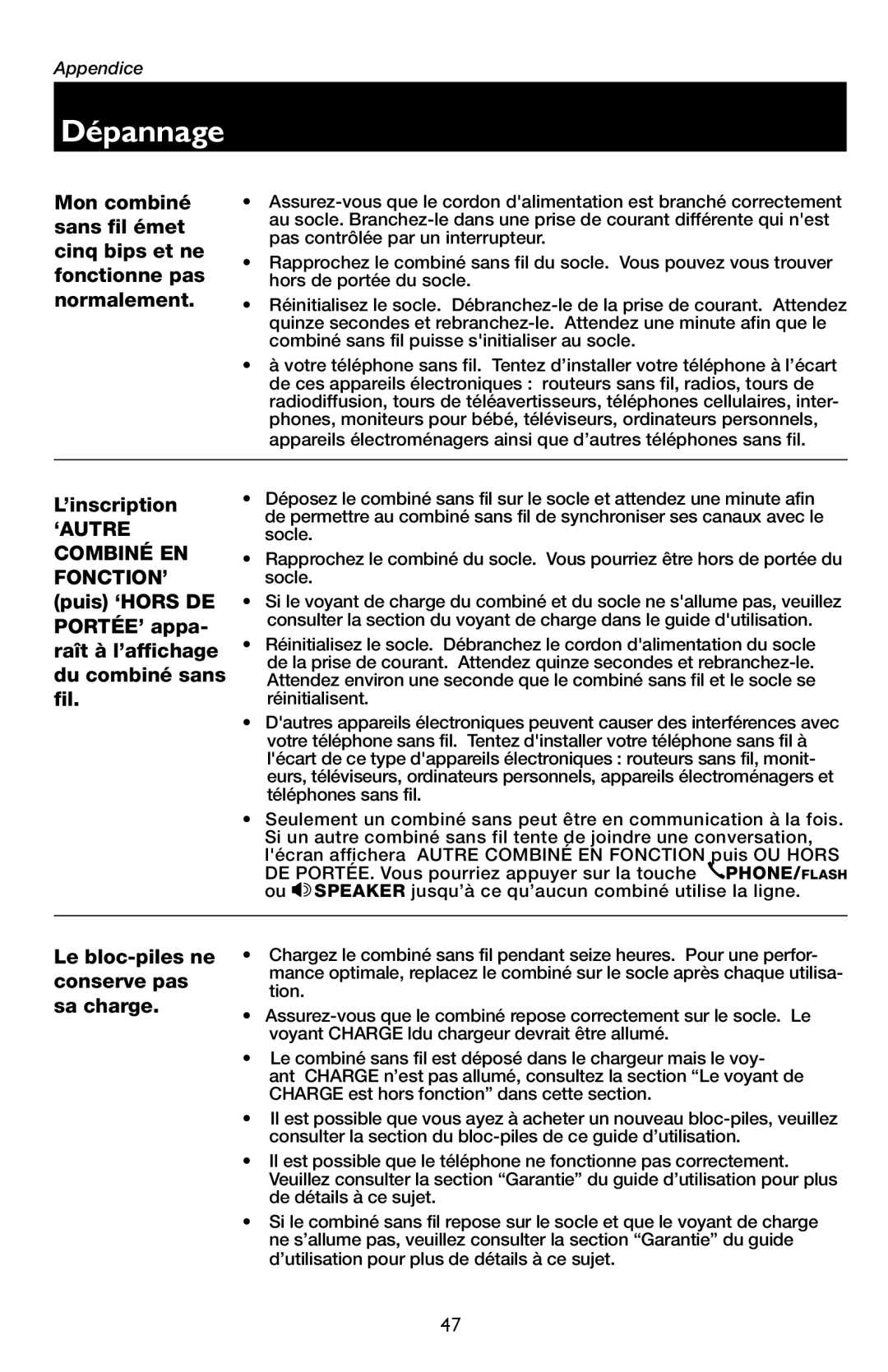 AT&T E5909 manual Le bloc-piles ne conserve pas sa charge 