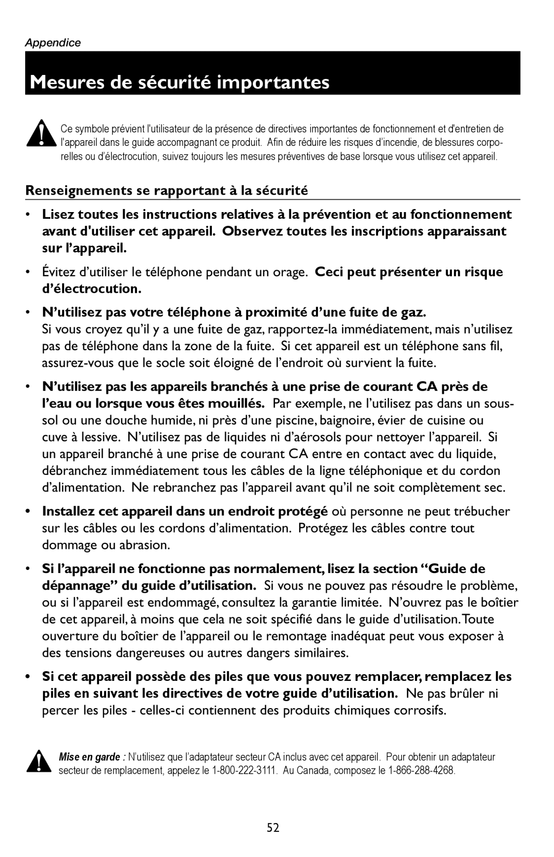 AT&T E5909 manual Mesures de sécurité importantes, ’utilisez pas votre téléphone à proximité d’une fuite de gaz 