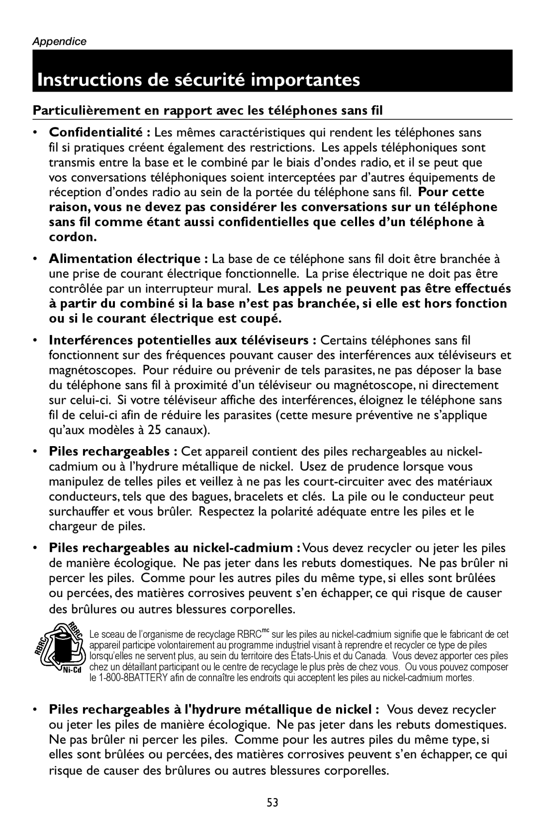 AT&T E5909 manual Instructions de sécurité importantes, Particulièrement en rapport avec les téléphones sans fil 