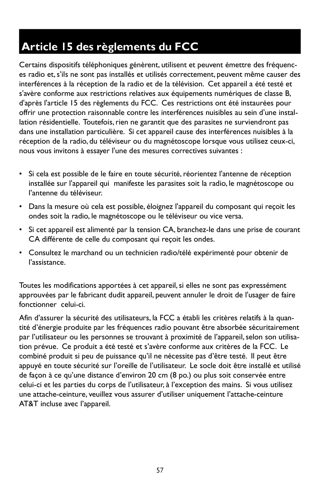 AT&T E5909 manual Article 15 des règlements du FCC 