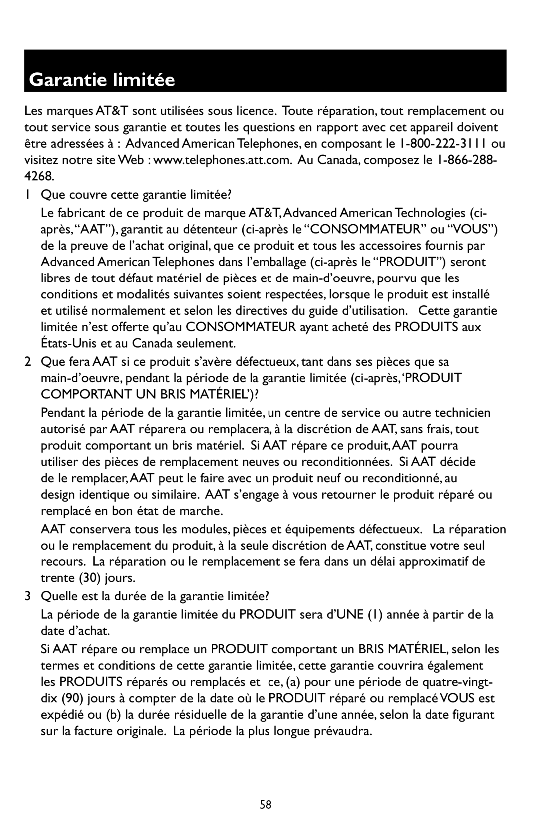 AT&T E5909 manual Garantie limitée, Que couvre cette garantie limitée? 