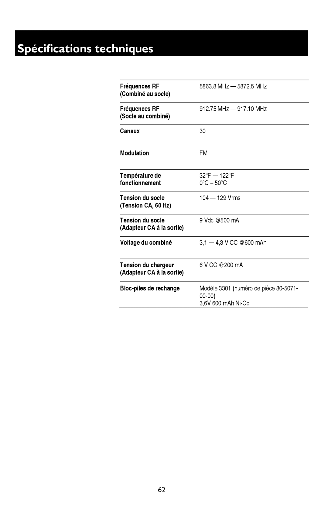 AT&T E5909 manual Spécifications techniques 