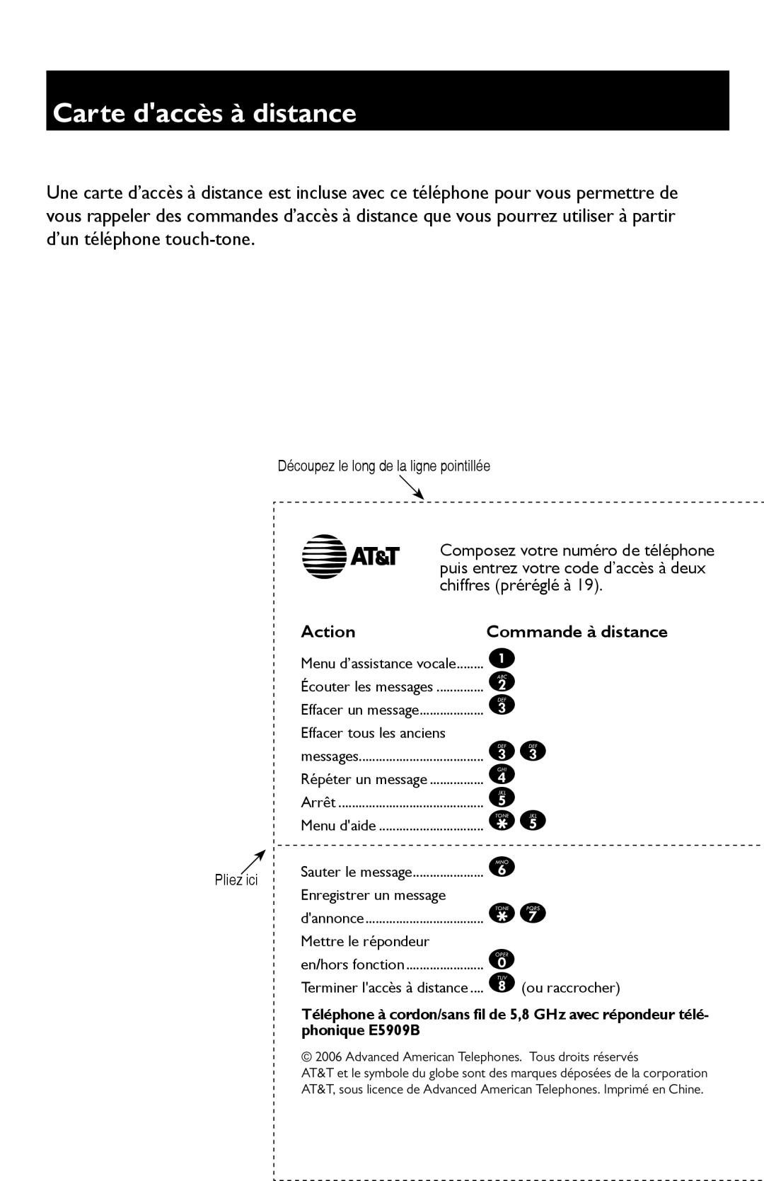 AT&T E5909 manual Carte daccès à distance, Découpez le long de la ligne pointillée, Pliez ici 