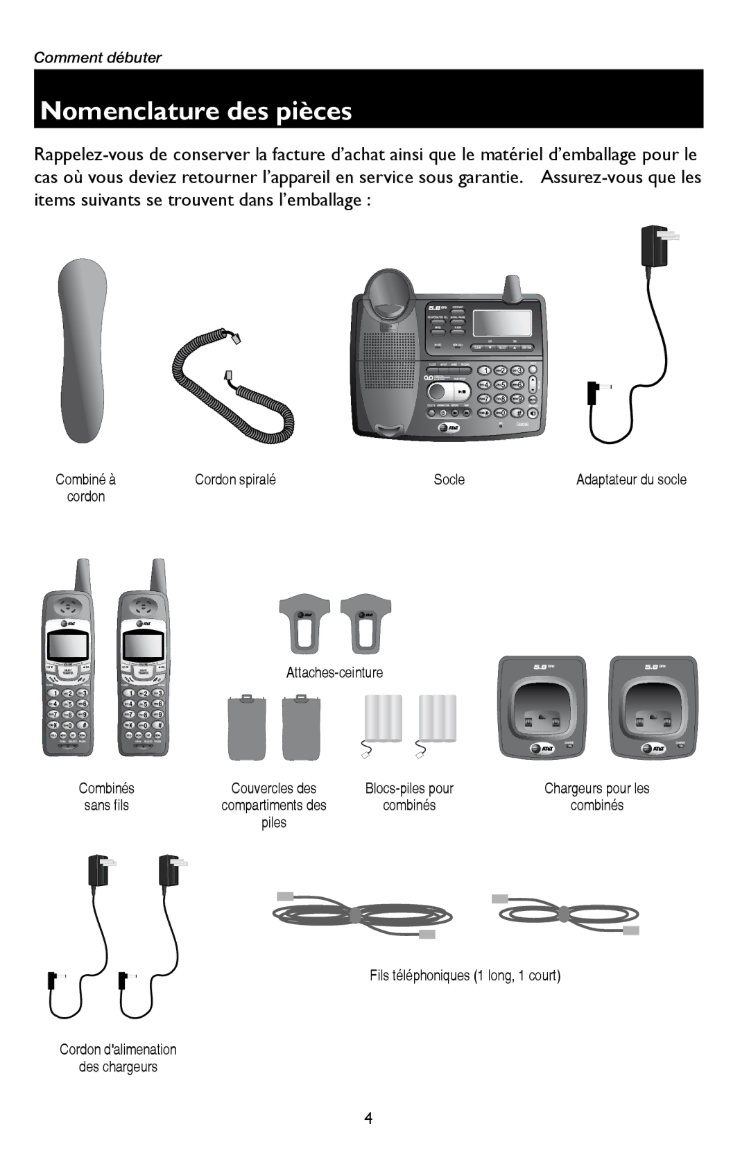 AT&T E5909 manual Nomenclature des pièces, Cordon spiralé Socle, Attaches-ceinture 