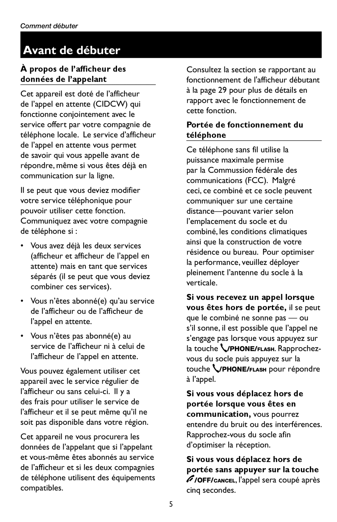 AT&T E5909 manual Avant de débuter, Propos de l’afficheur des données de l’appelant, Portée de fonctionnement du téléphone 