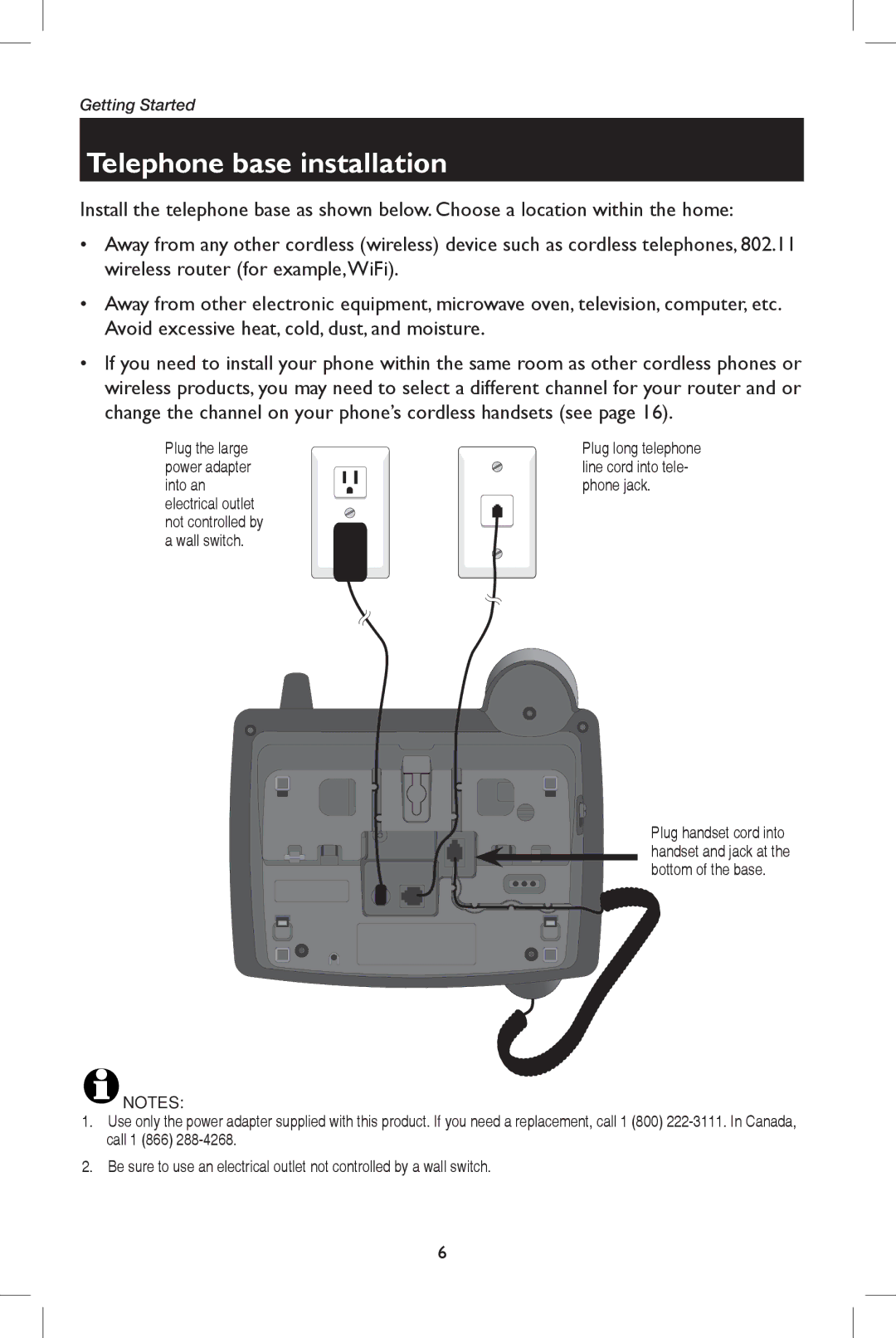 AT&T E5909B user manual Telephone base installation, Plug the large, Power adapter 