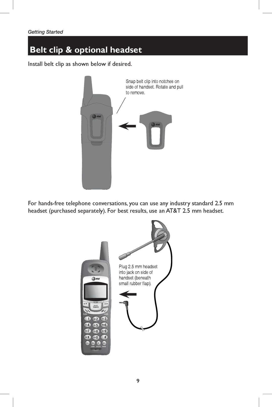 AT&T E5909B user manual Belt clip & optional headset, Install belt clip as shown below if desired 