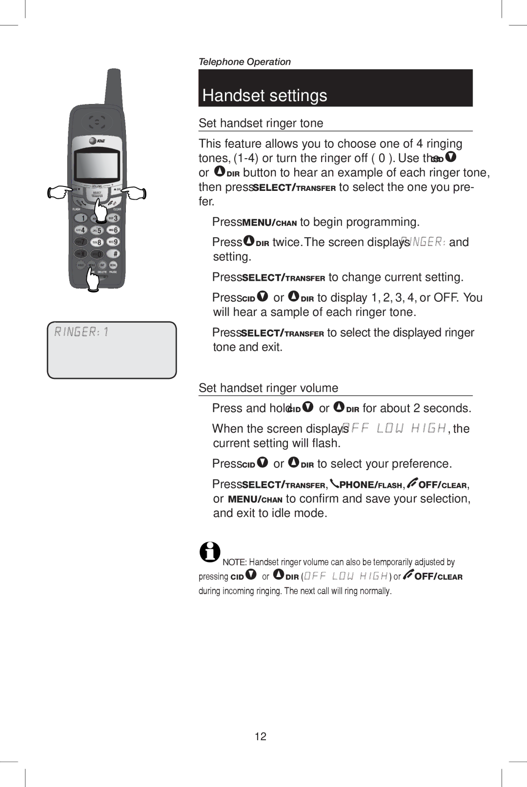 AT&T E5909B user manual Set handset ringer tone, Set handset ringer volume 