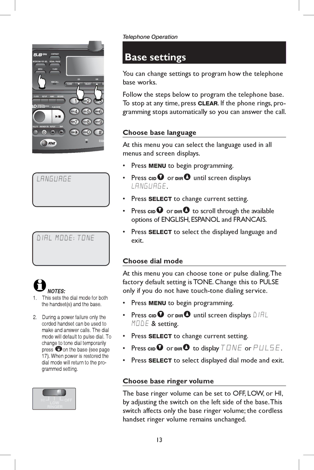 AT&T E5909B user manual Base settings, Choose base language, Choose dial mode, Choose base ringer volume 