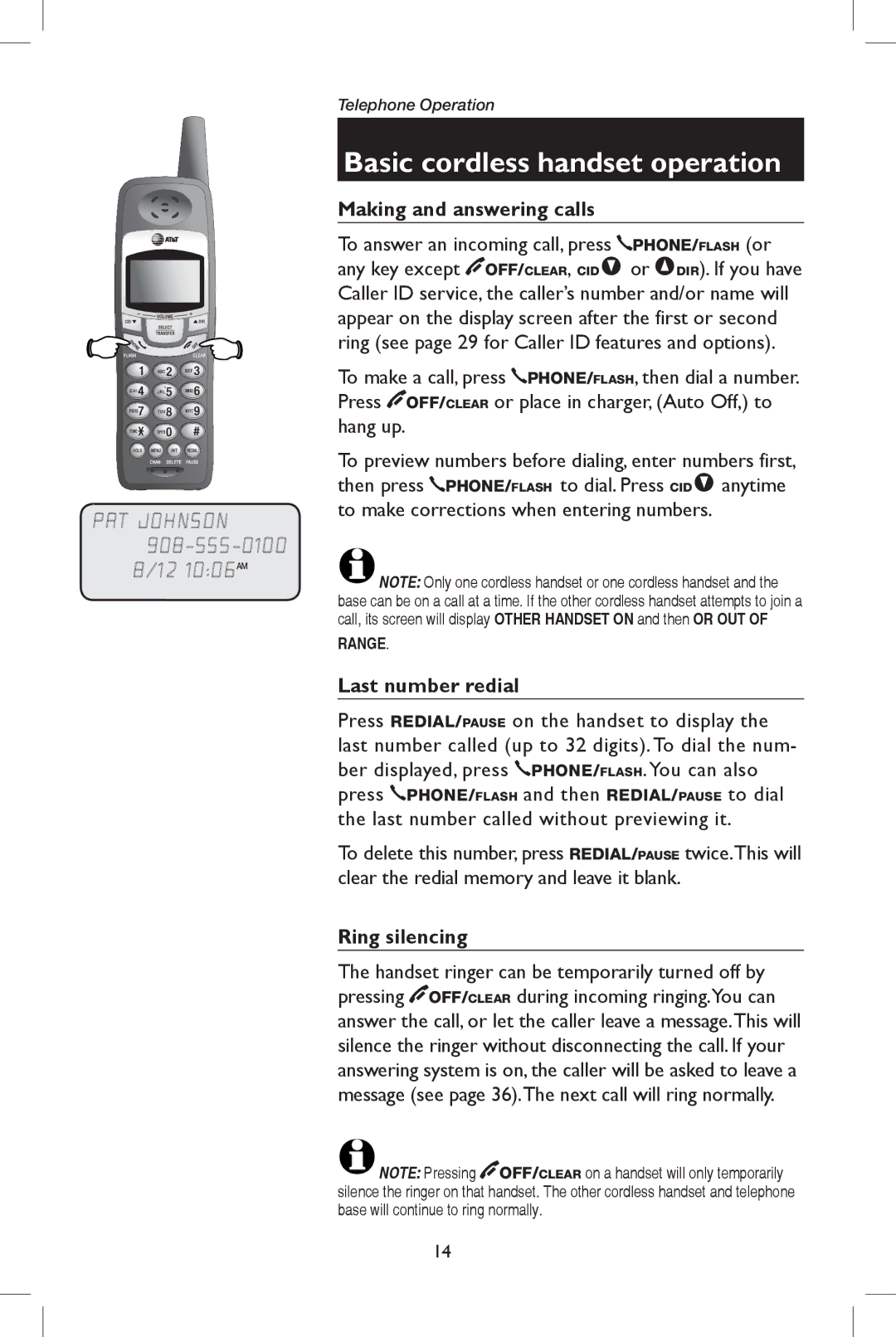 AT&T E5909B user manual Basic cordless handset operation, Making and answering calls, Last number redial, Ring silencing 