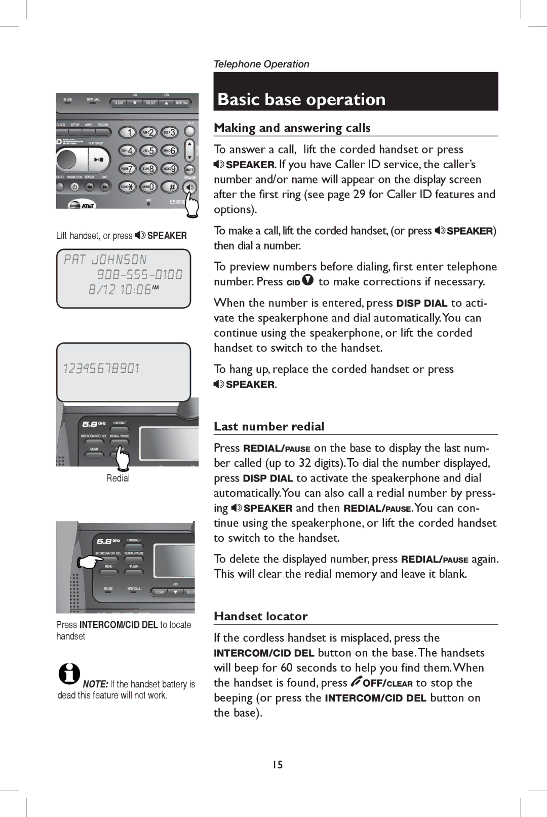 AT&T E5909B user manual Basic base operation, Handset locator, Redial 