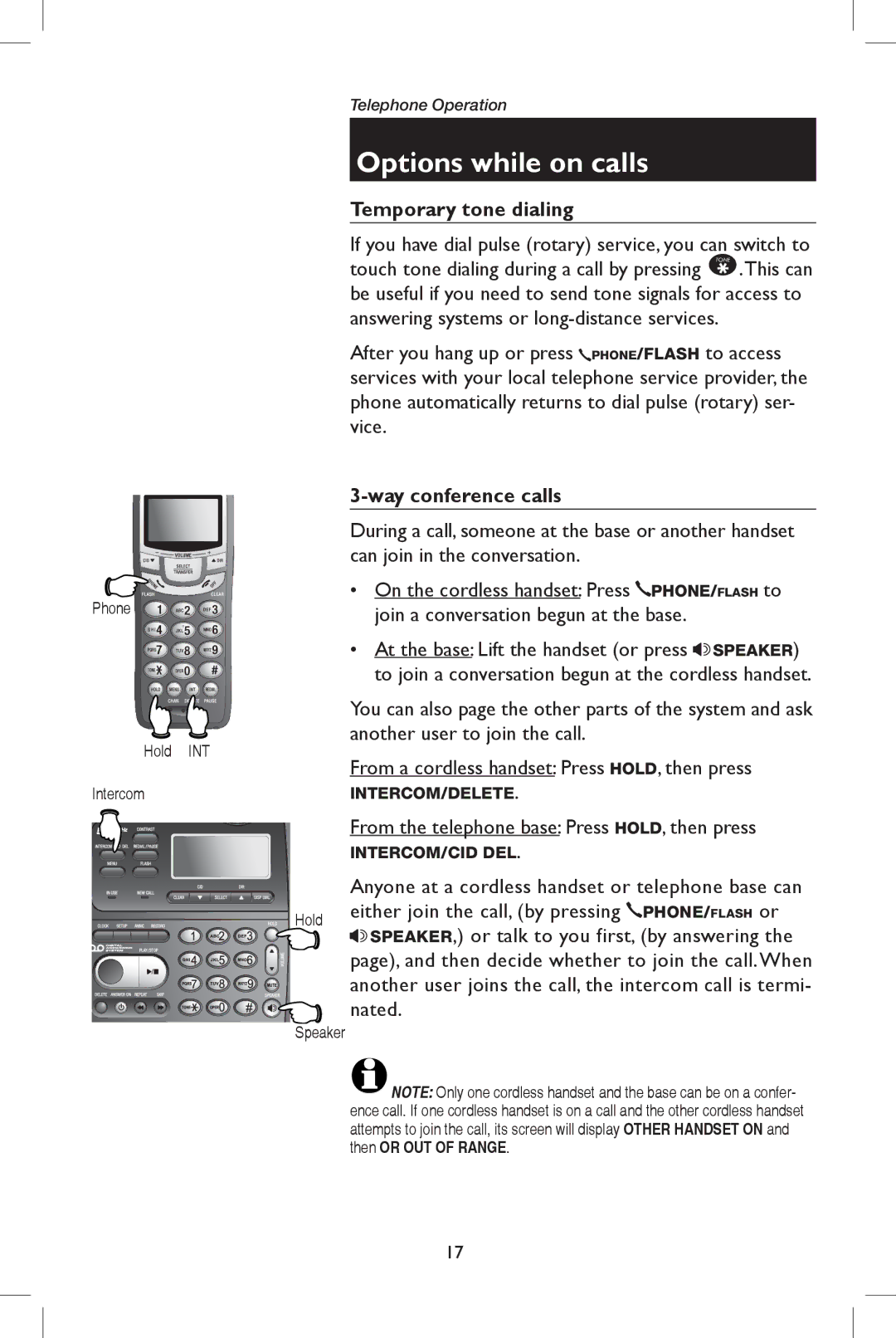 AT&T E5909B user manual Temporary tone dialing, Way conference calls, Phone Hold INT Intercom 