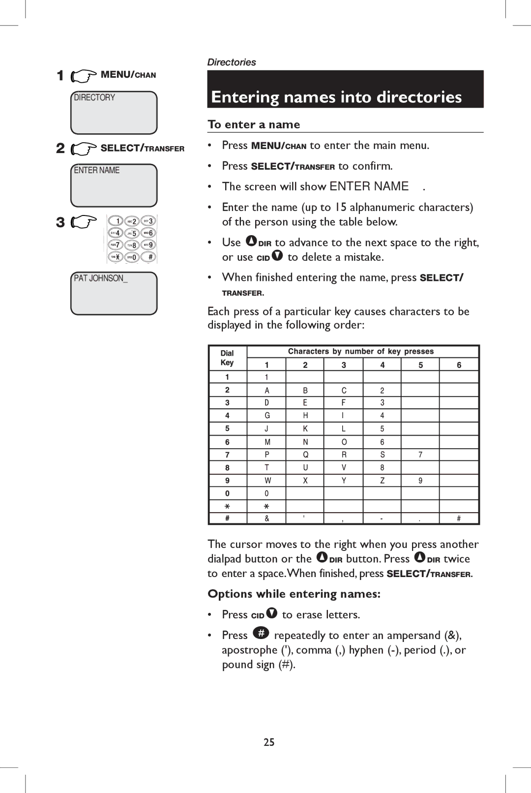 AT&T E5909B user manual Entering names into directories, To enter a name, Options while entering names 