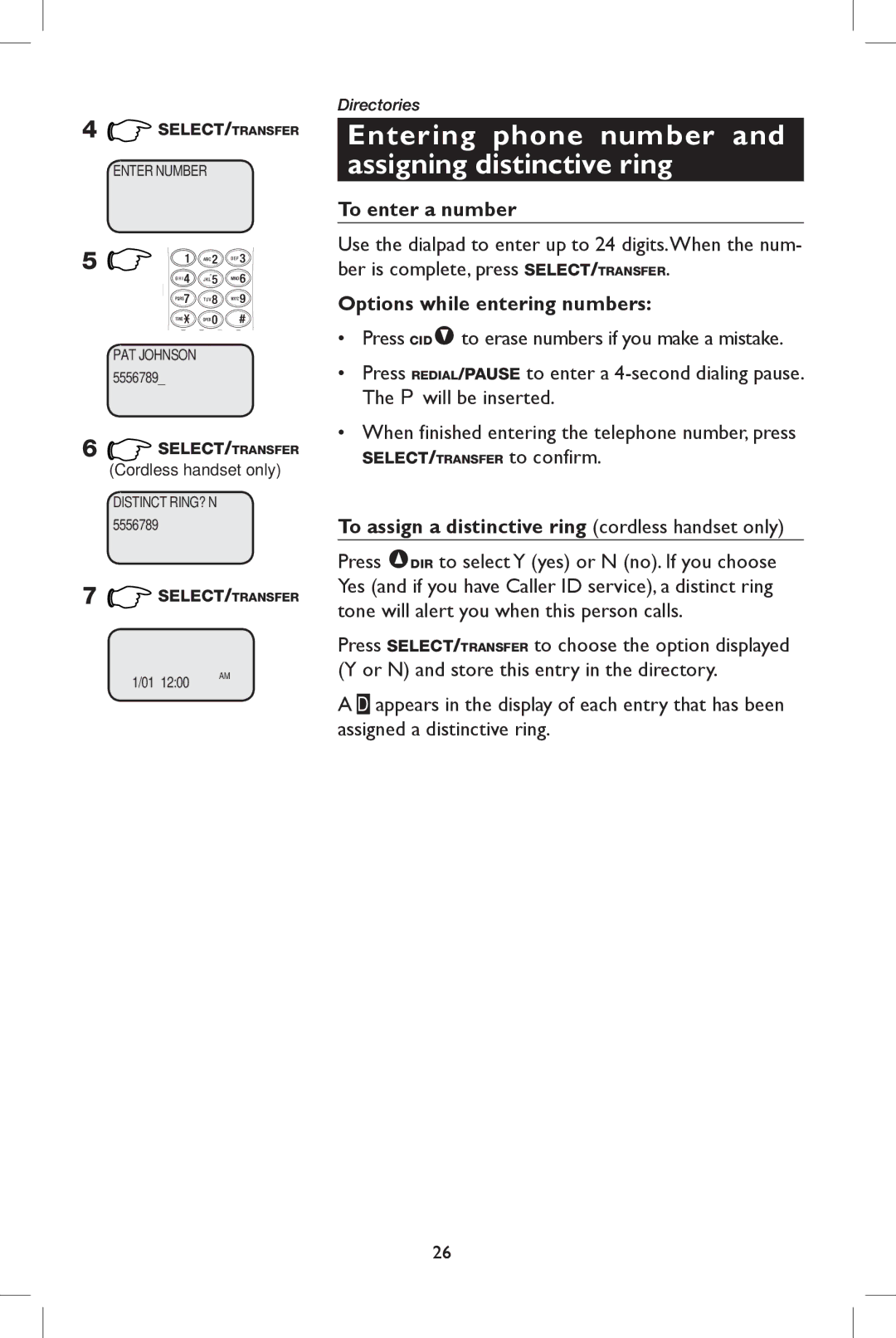 AT&T E5909B Entering phone number and assigning distinctive ring, To enter a number, Options while entering numbers 