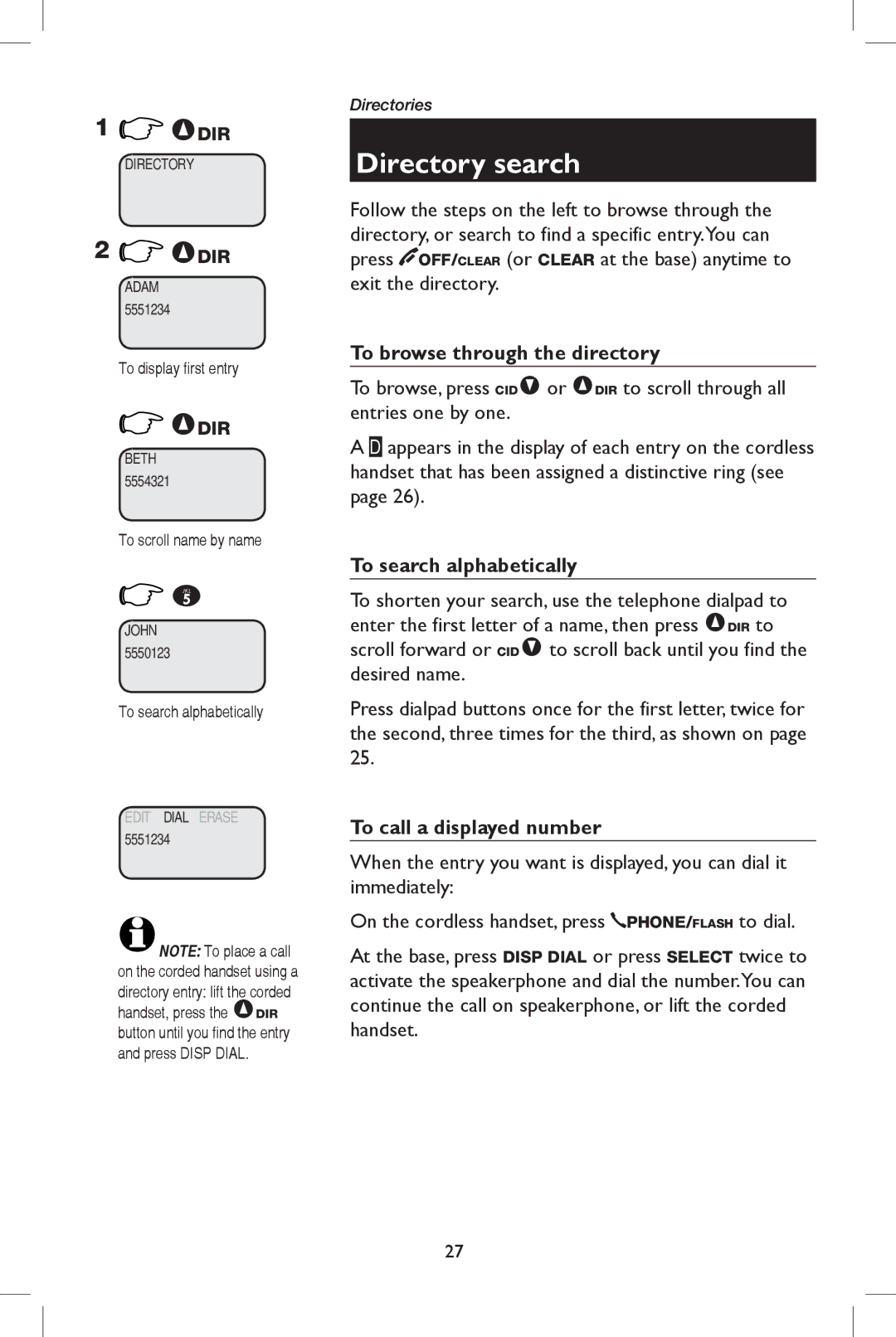 AT&T E5909B Directory search, To browse through the directory, To search alphabetically, To call a displayed number 