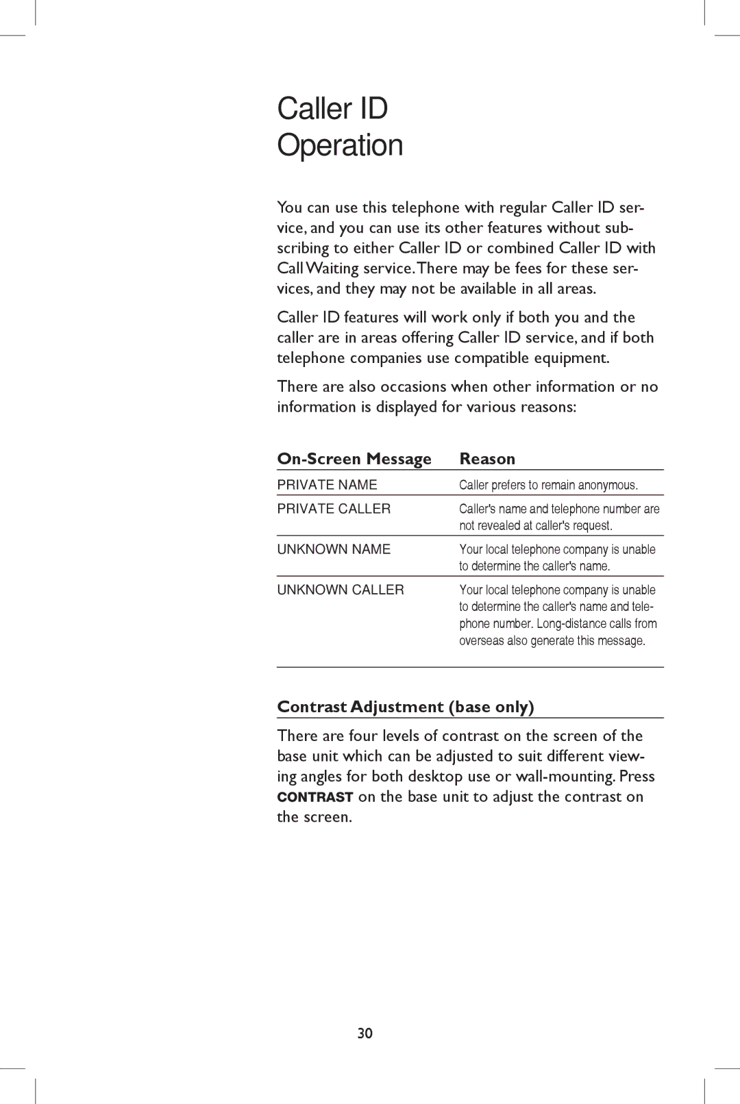 AT&T E5909B user manual On-Screen Message Reason, Contrast Adjustment base only, Not revealed at callers request 